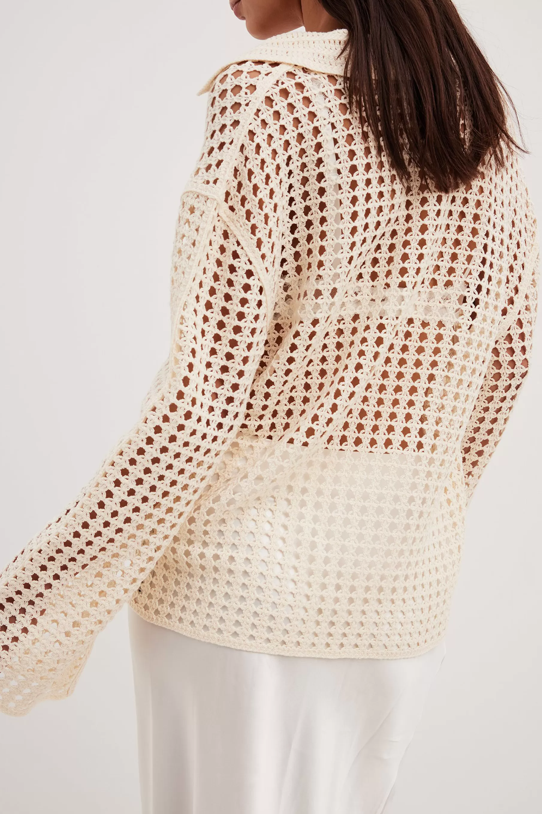 NA-KD Crochet Knitted V-Neck Sweater Offwhite