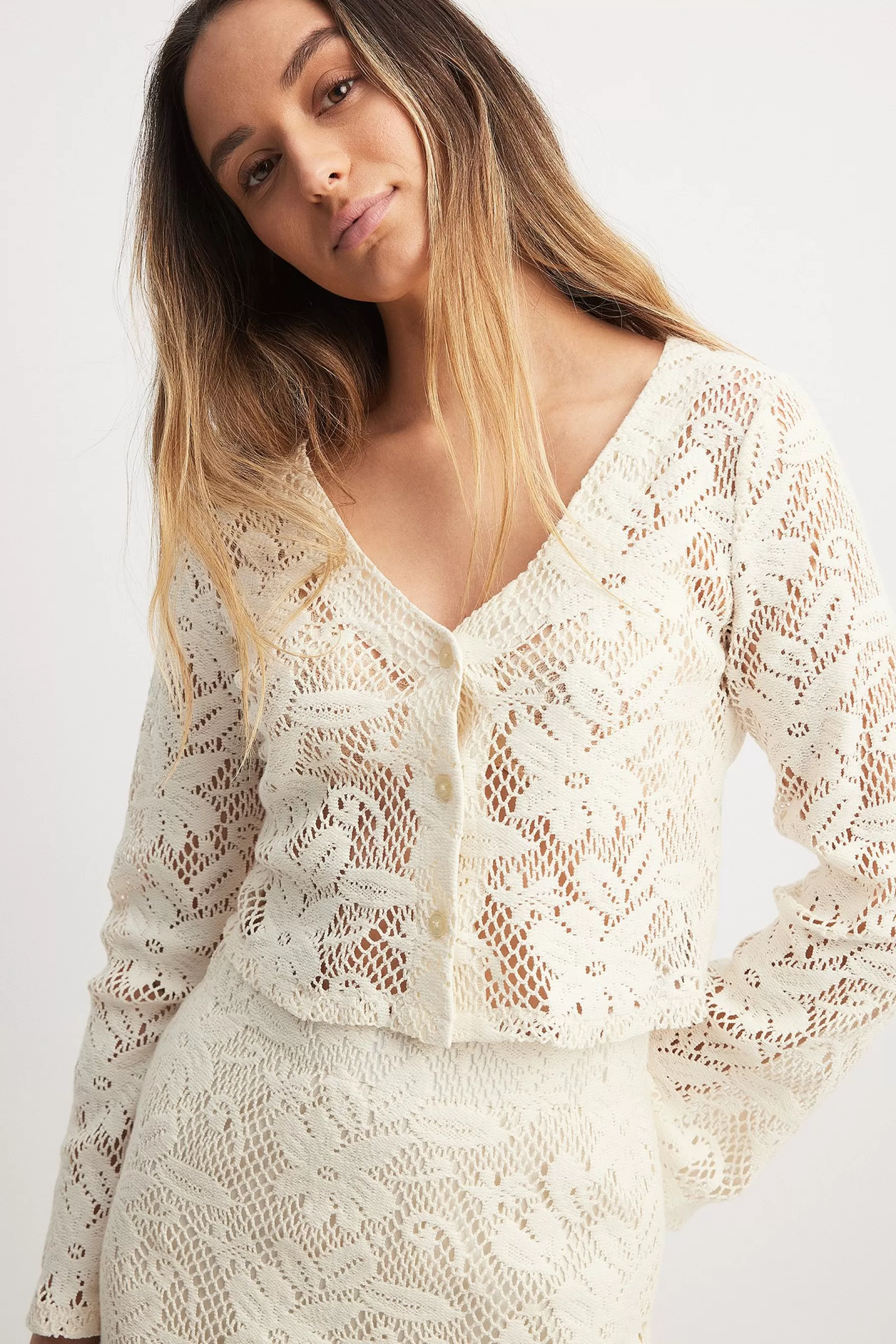 NA-KD Crochet Long Sleeve Cardigan Offwhite