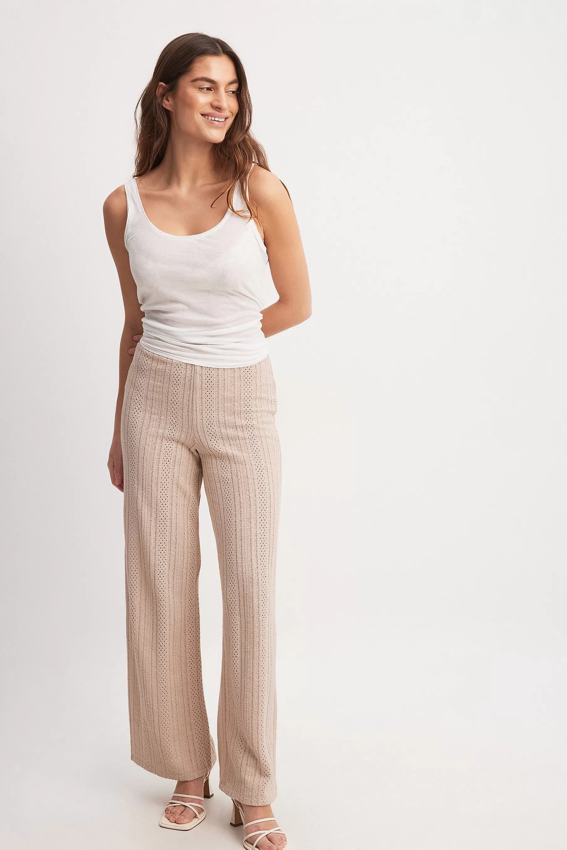 NA-KD Crochet Mid Waist Trousers Beige