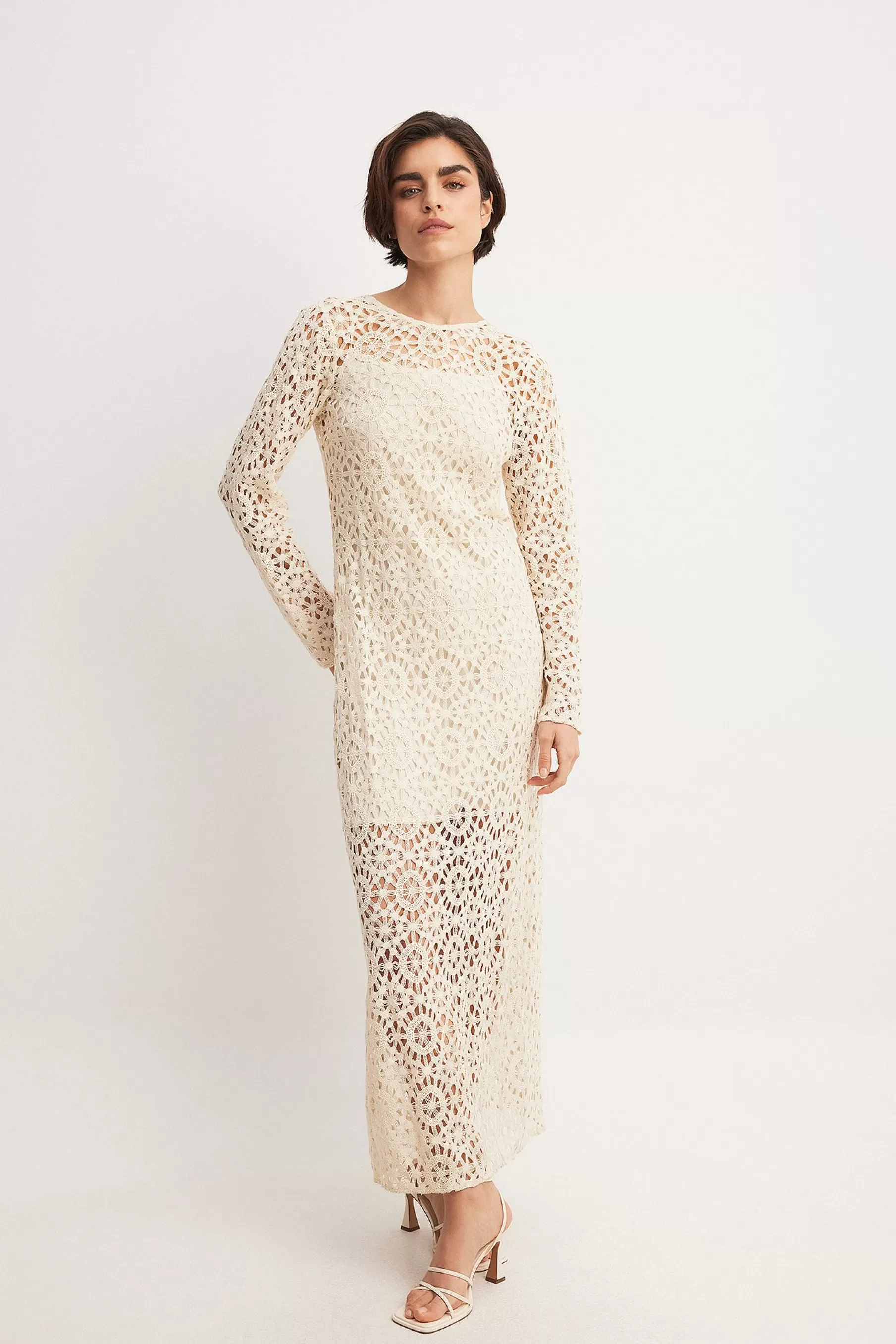 NA-KD Crochet Straight Maxi Dress Beige