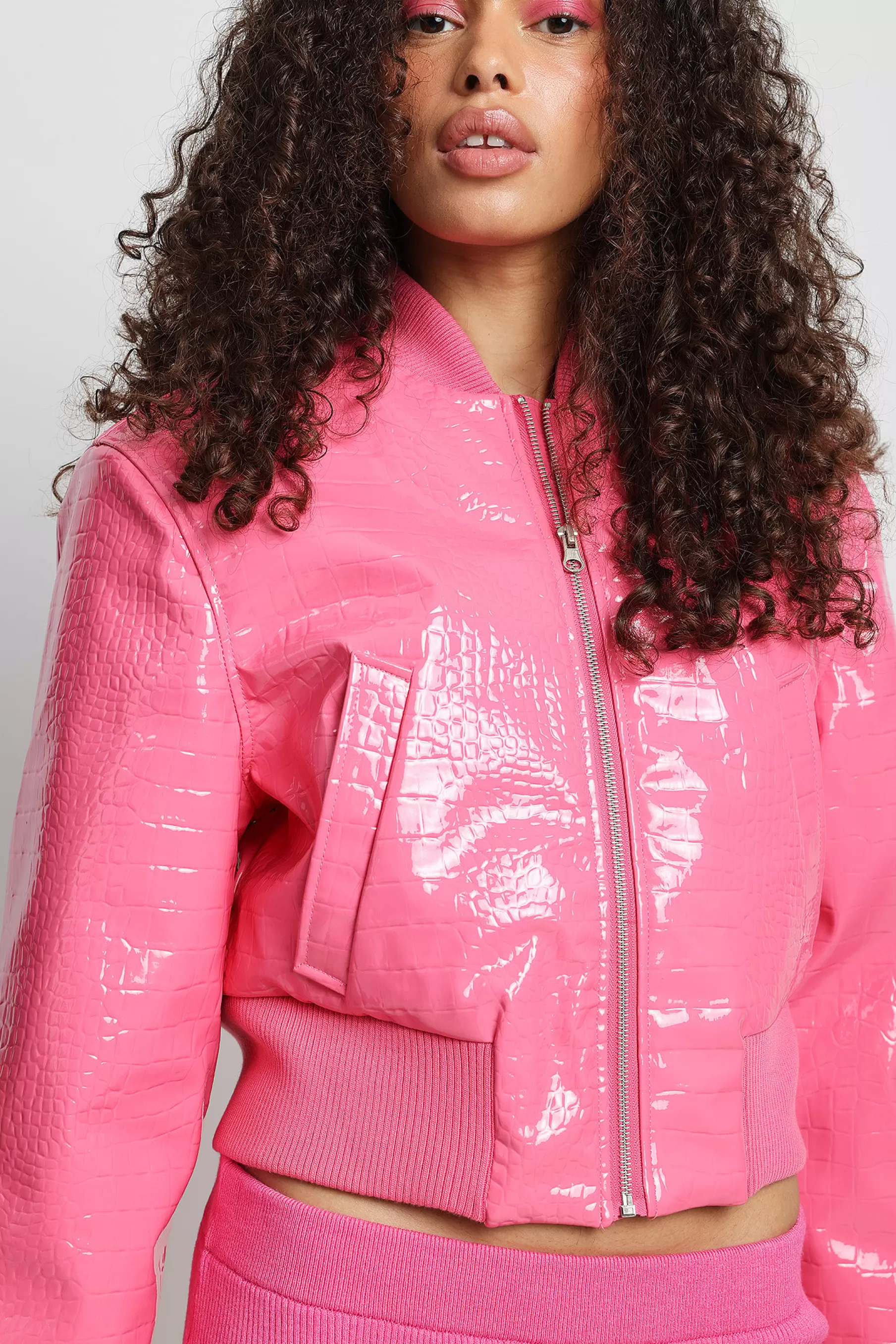 NA-KD Croco Pu Bomber Jacket Pink