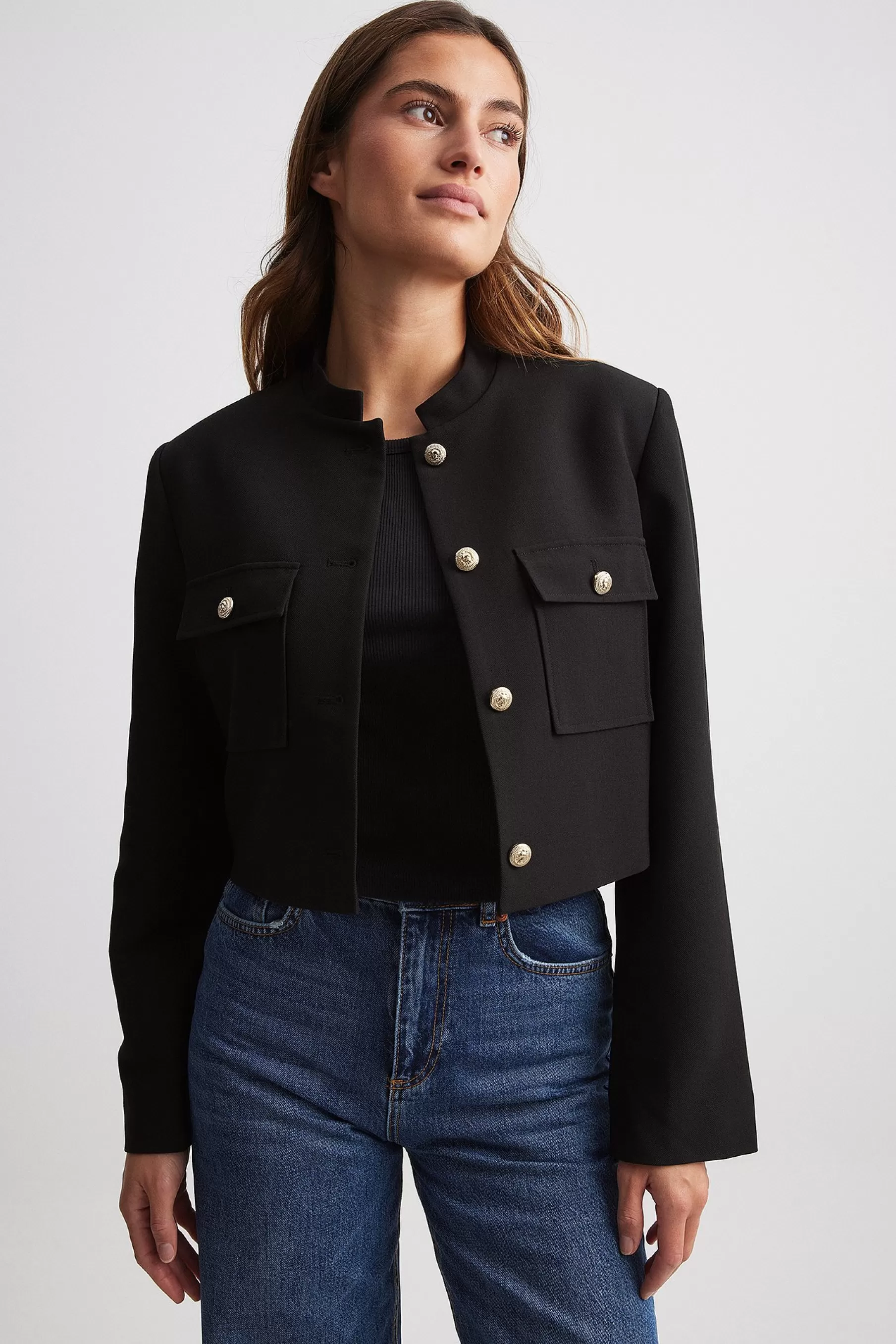 NA-KD Cropped Golden Button Blazer Black