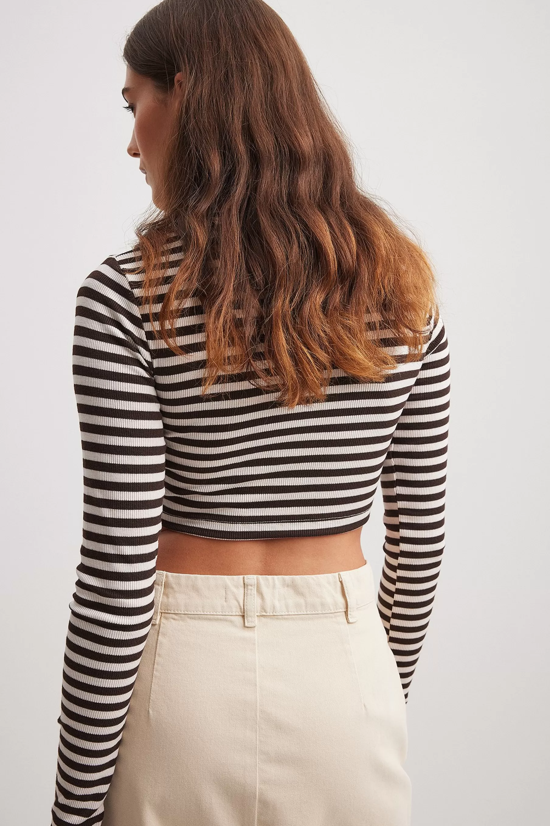 NA-KD Cropped Long Sleeved Striped Top Brown