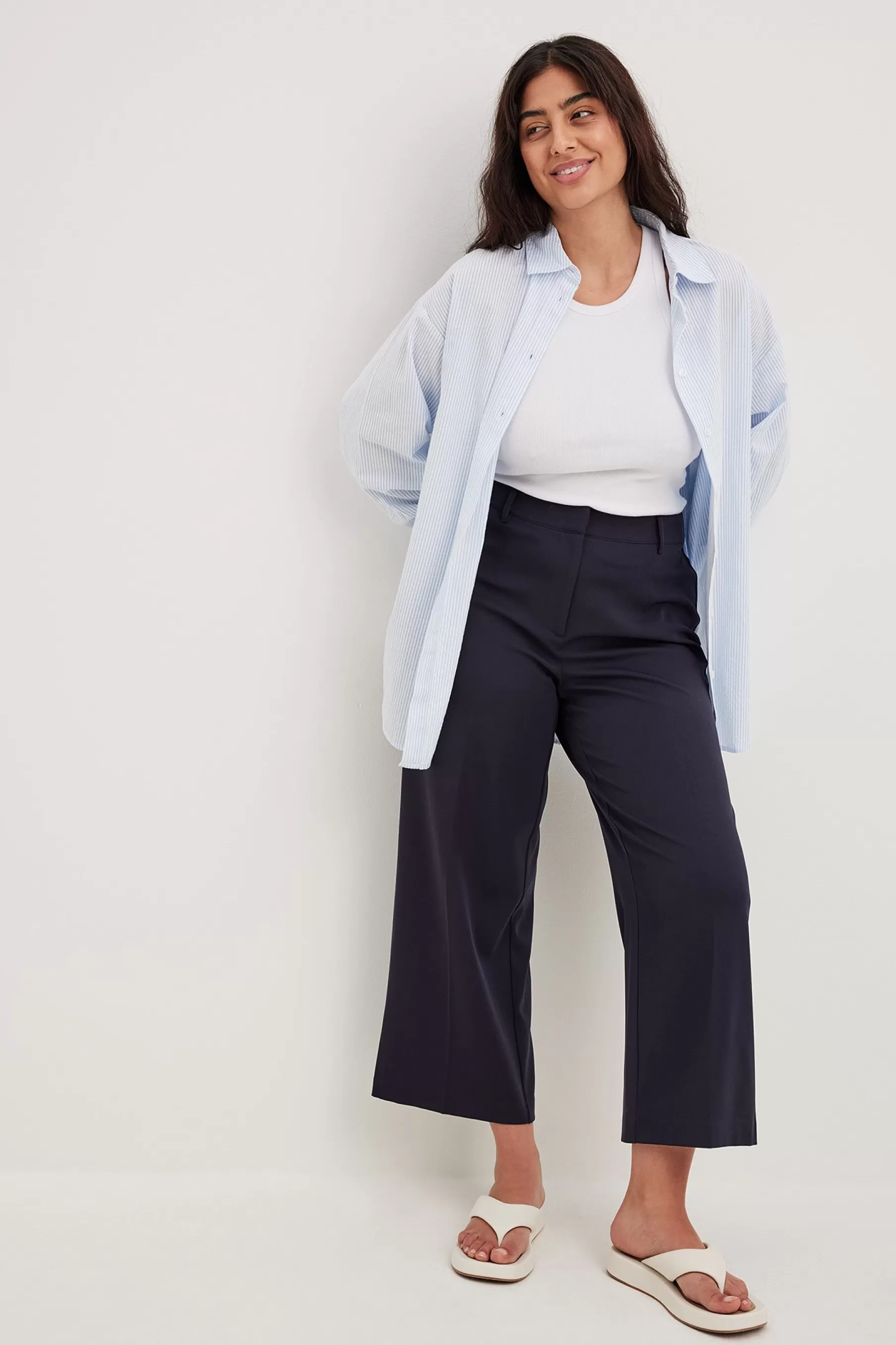 NA-KD Cropped Mid Waist Straight Leg Suit Pants Blue