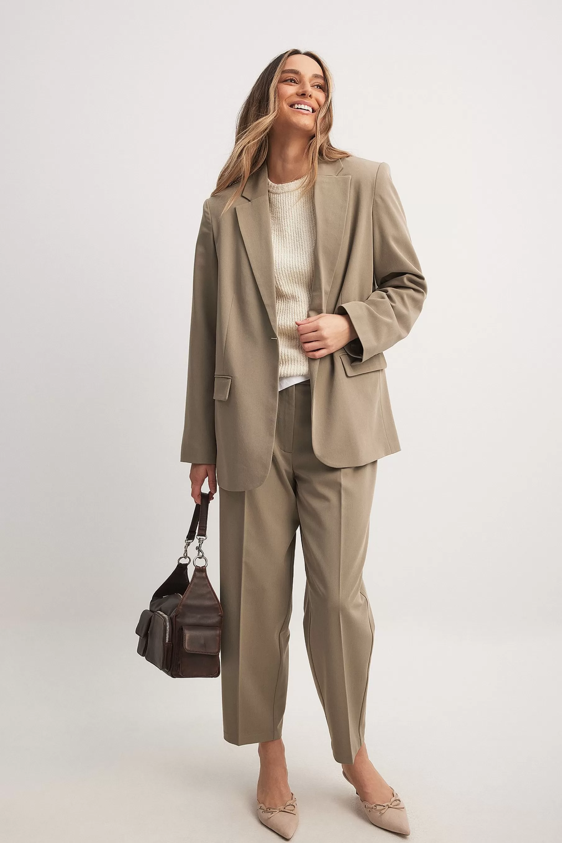 NA-KD Cropped Mid Waist Suit Pants Brown