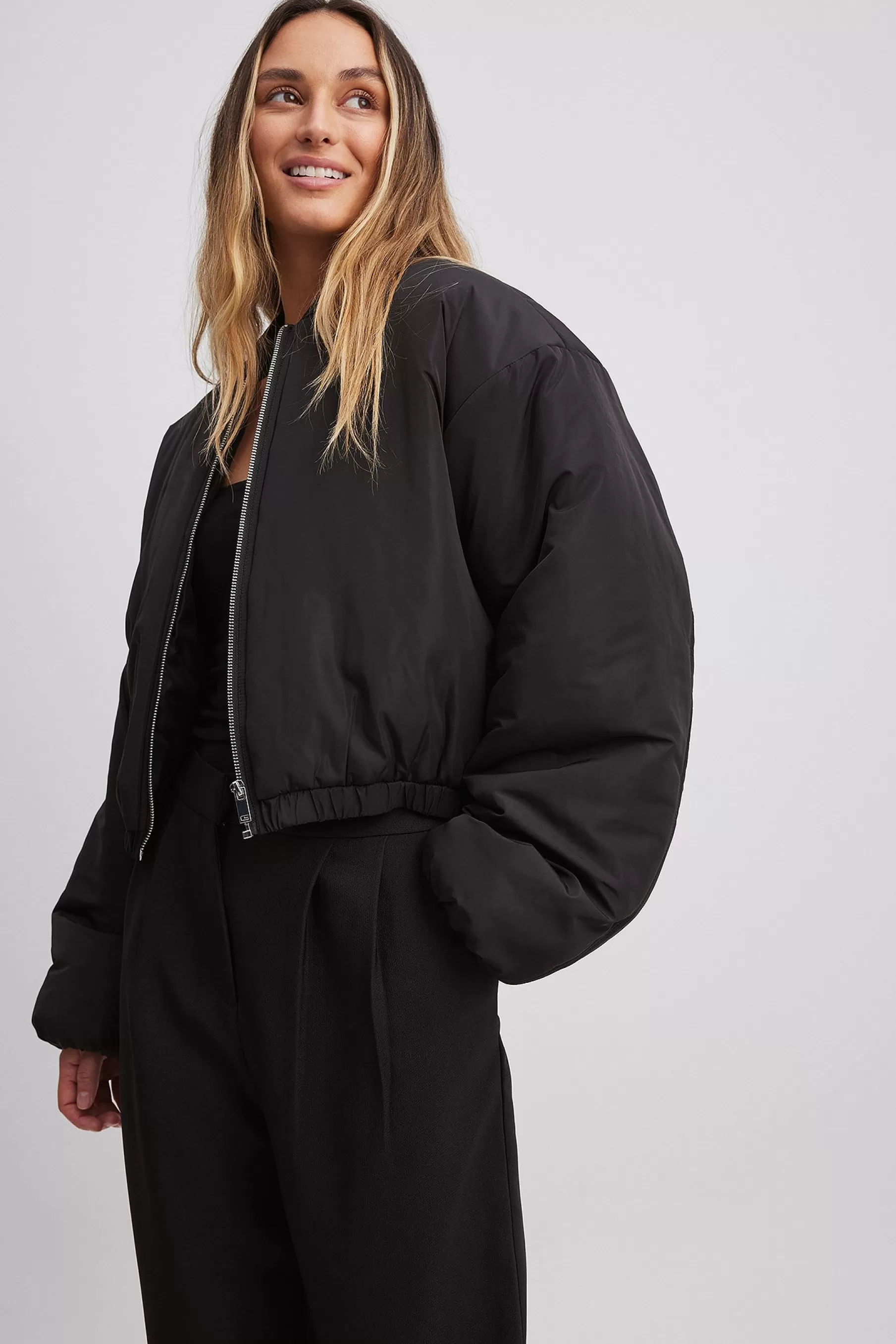 NA-KD Cropped Padded Bomber Jacket Black