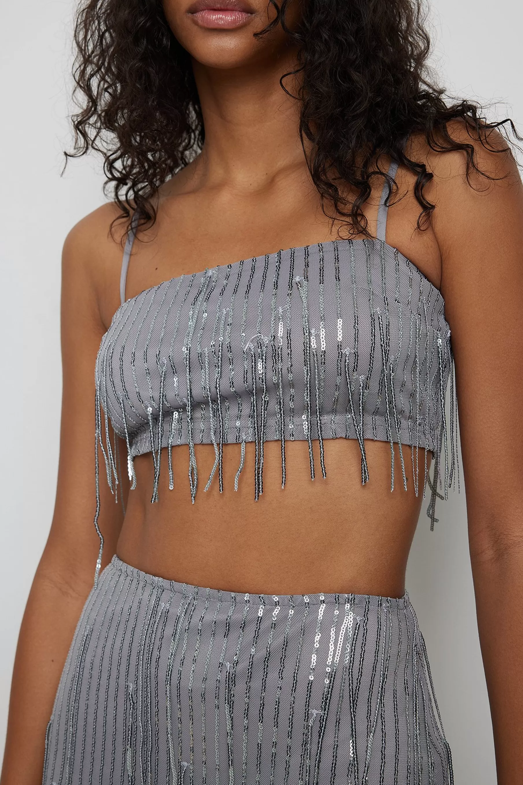 NA-KD Cropped Sequin Top Silver