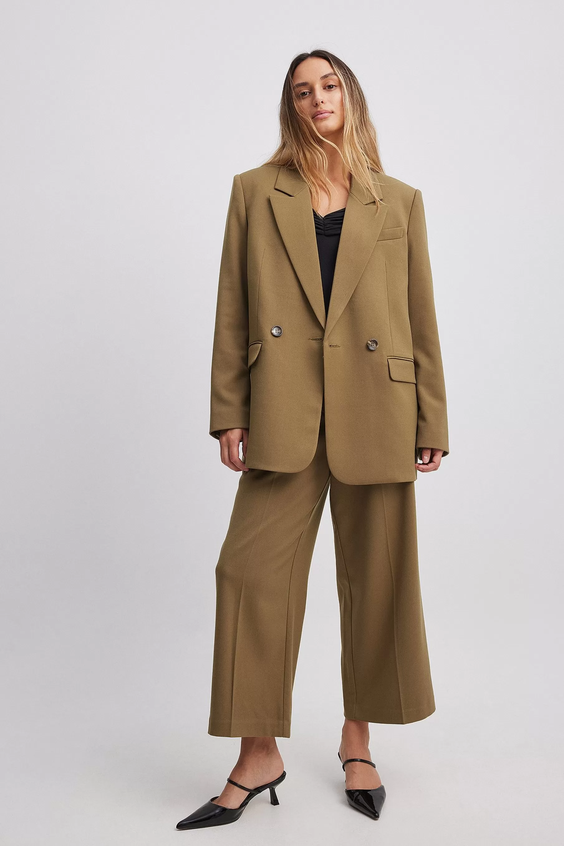 NA-KD Cropped Straight Suit Pants Green