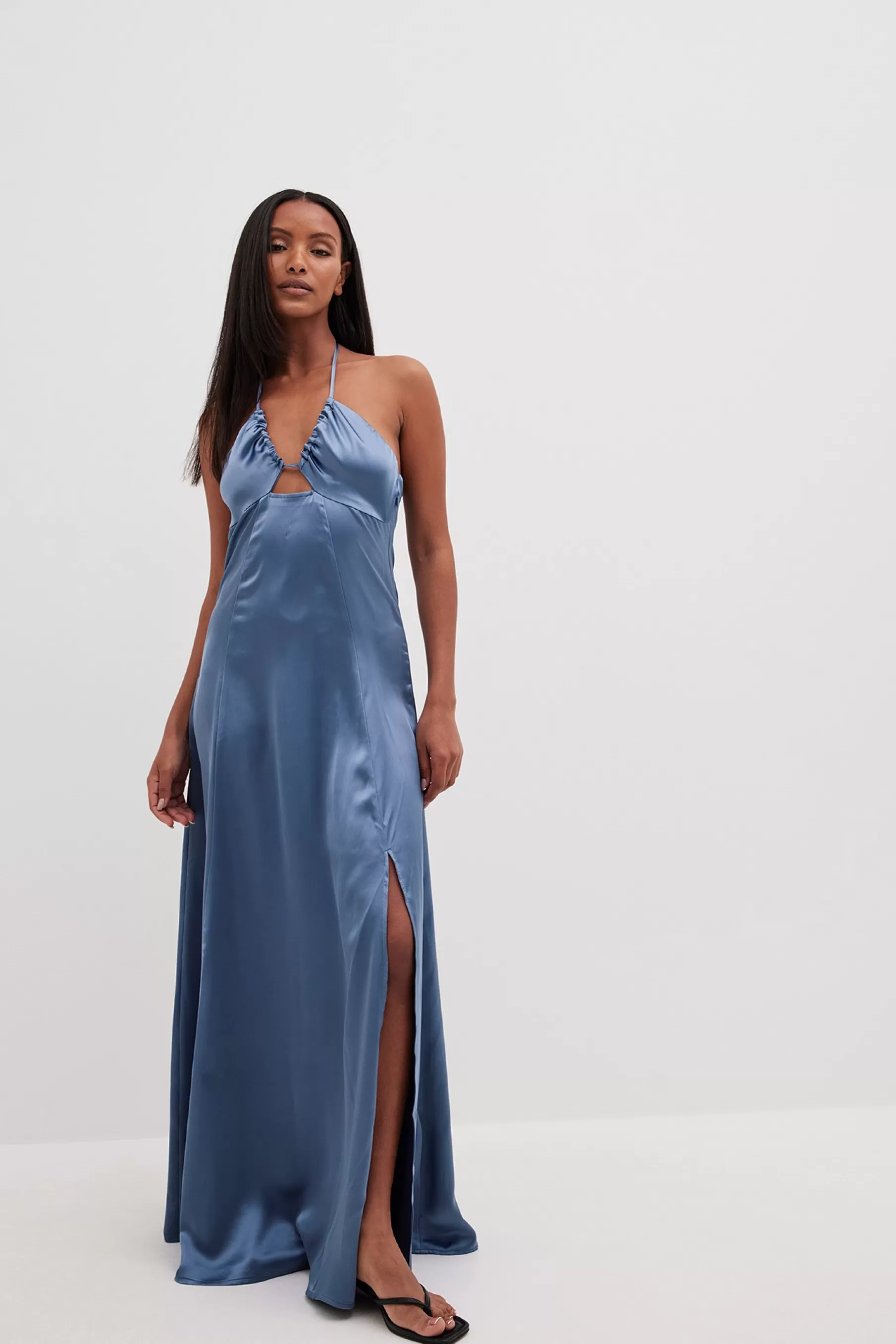 NA-KD Cut Out Detail Maxi Satin Dress Blue