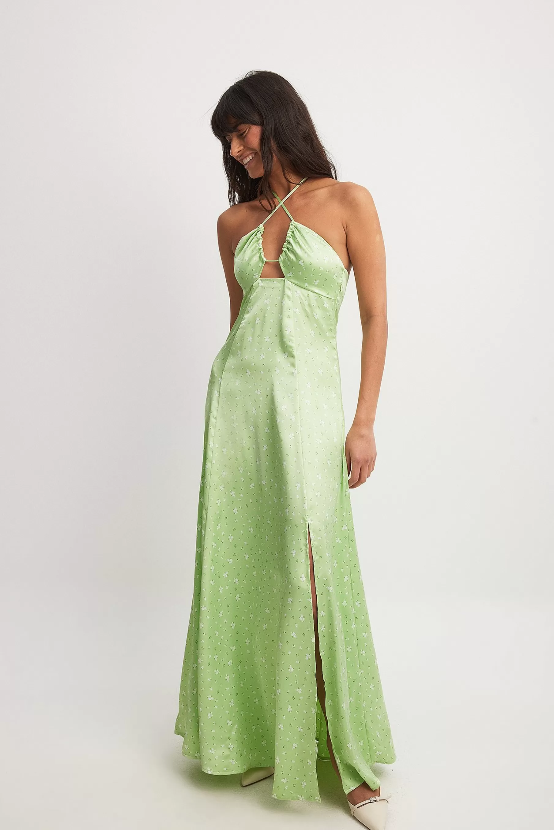 NA-KD Cut Out Detail Maxi Satin Dress Green