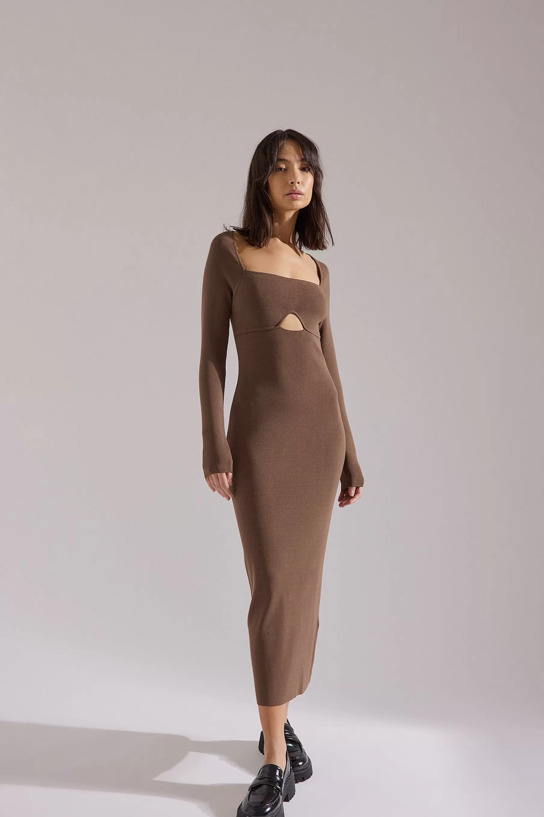 NA-KD Cut Out Long Sleeve Midi Dress Brown