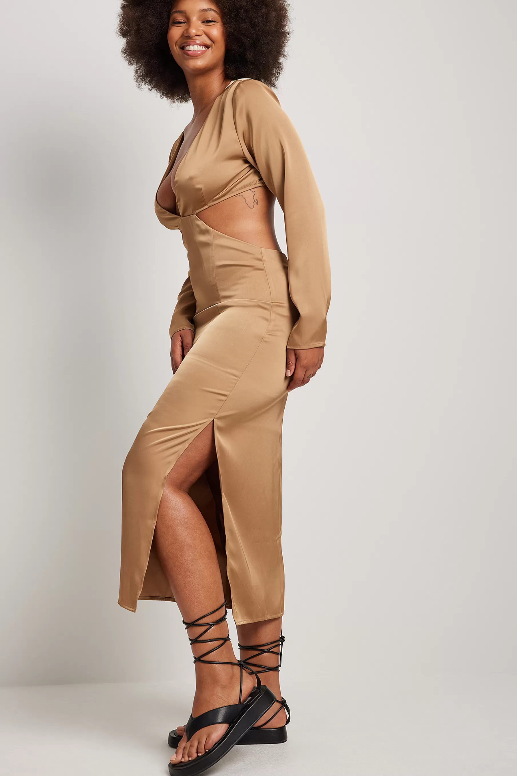 NA-KD Cut Out Sides Midi Dress Brown