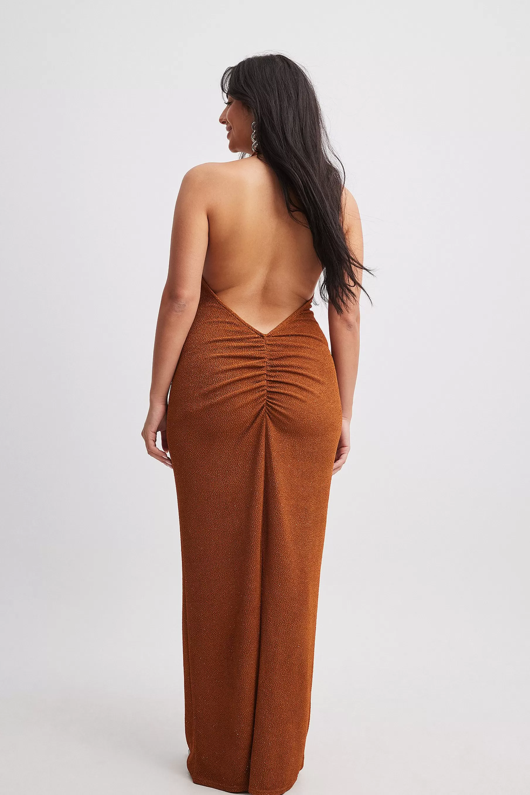 NA-KD Deep Back Glitter Maxi Dress Brown