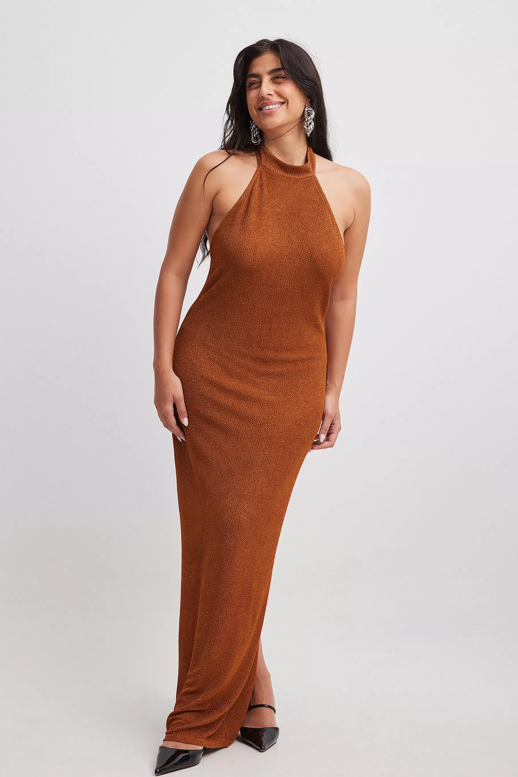 NA-KD Deep Back Glitter Maxi Dress Brown