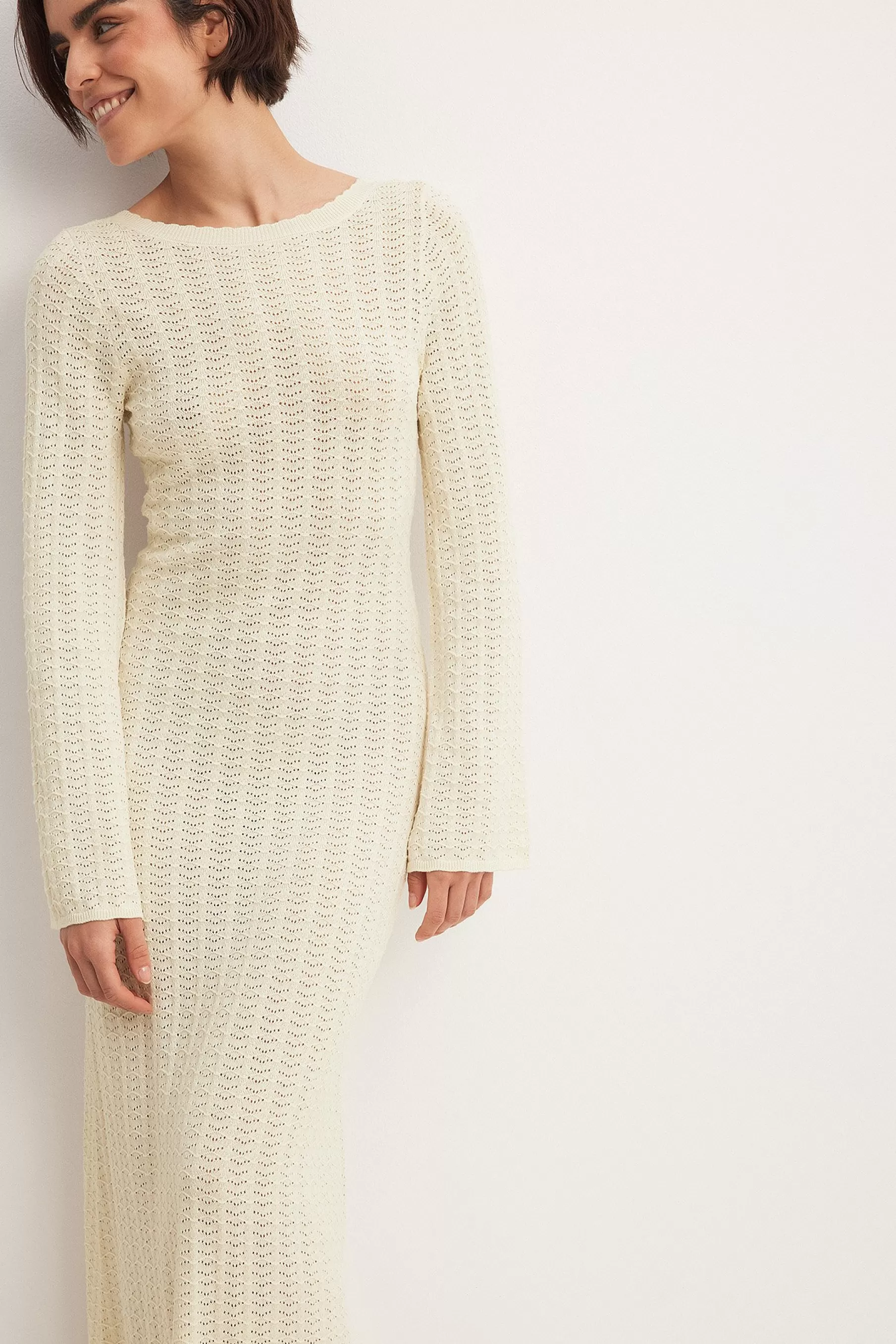 NA-KD Deep Back Knitted Maxi Dress Offwhite