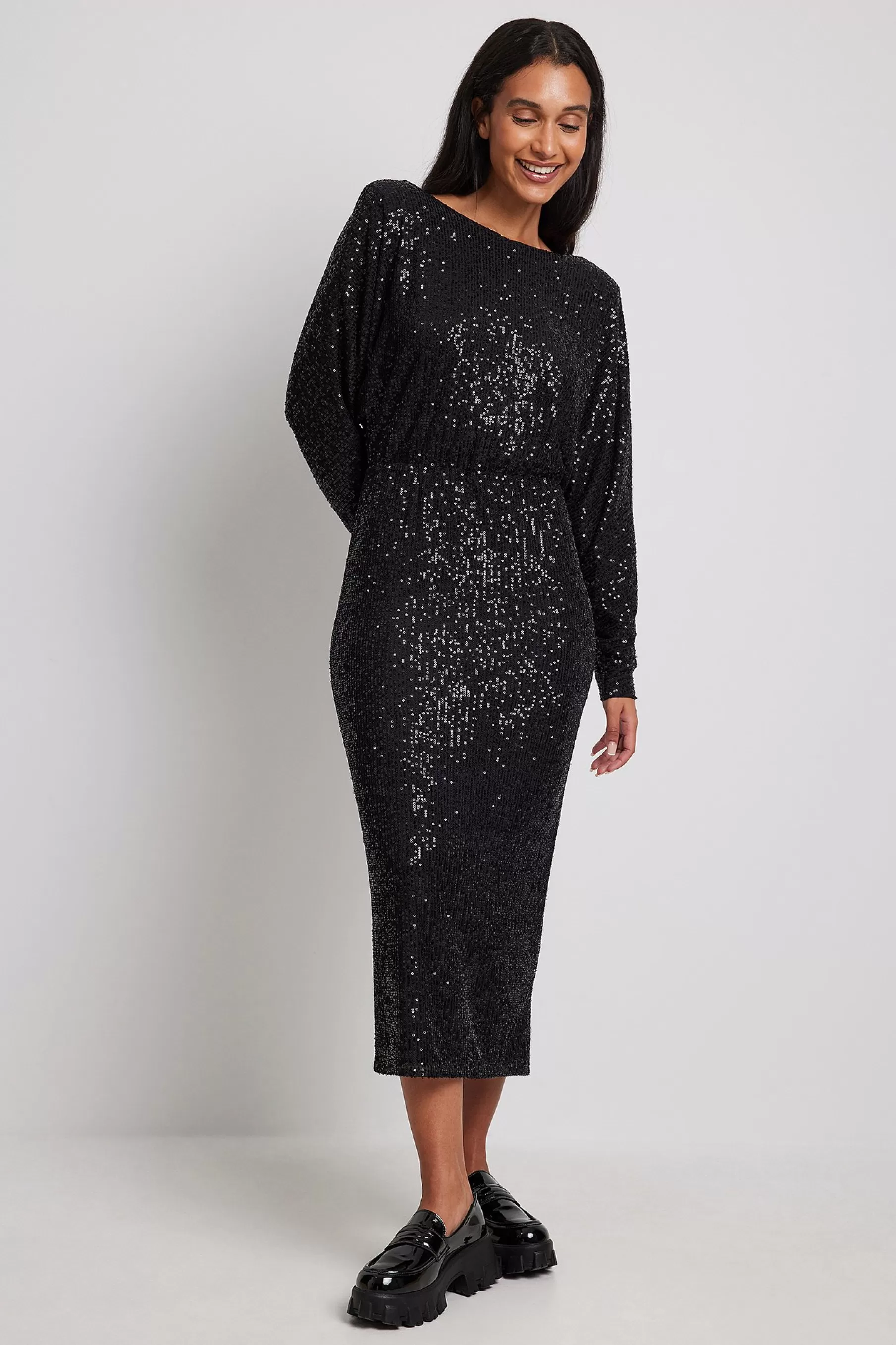 NA-KD Deep Back Sequin Midi Dress Black