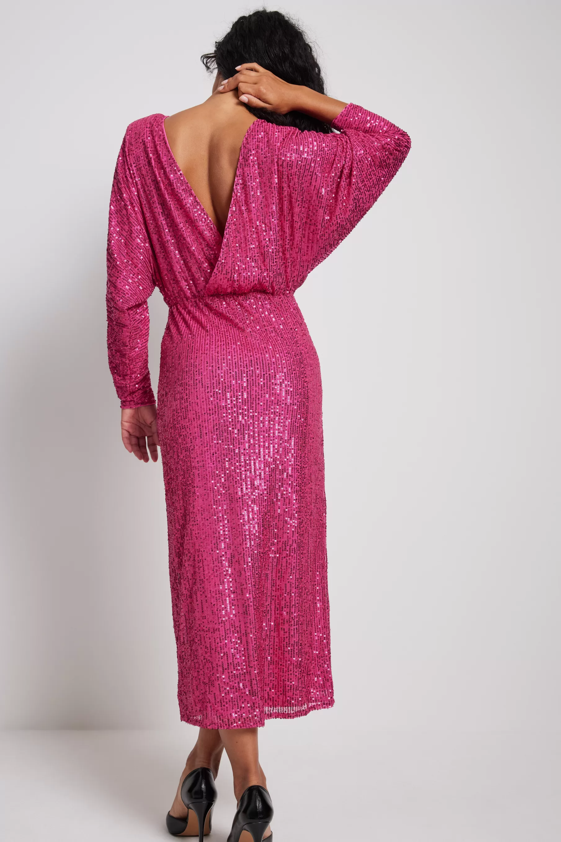 NA-KD Deep Back Sequin Midi Dress Pink