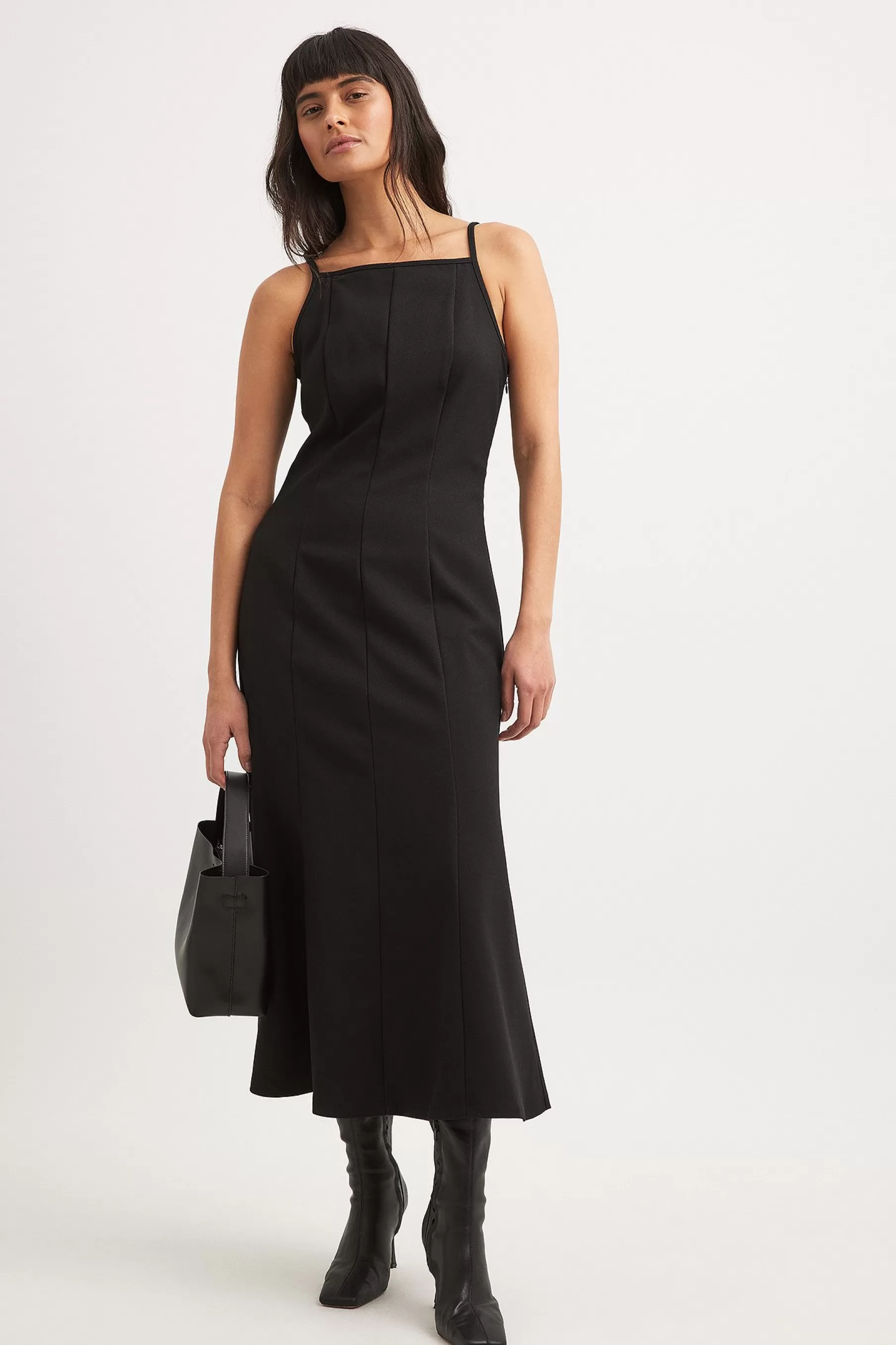 NA-KD Deep Back Tie Detail Midi Dress Black