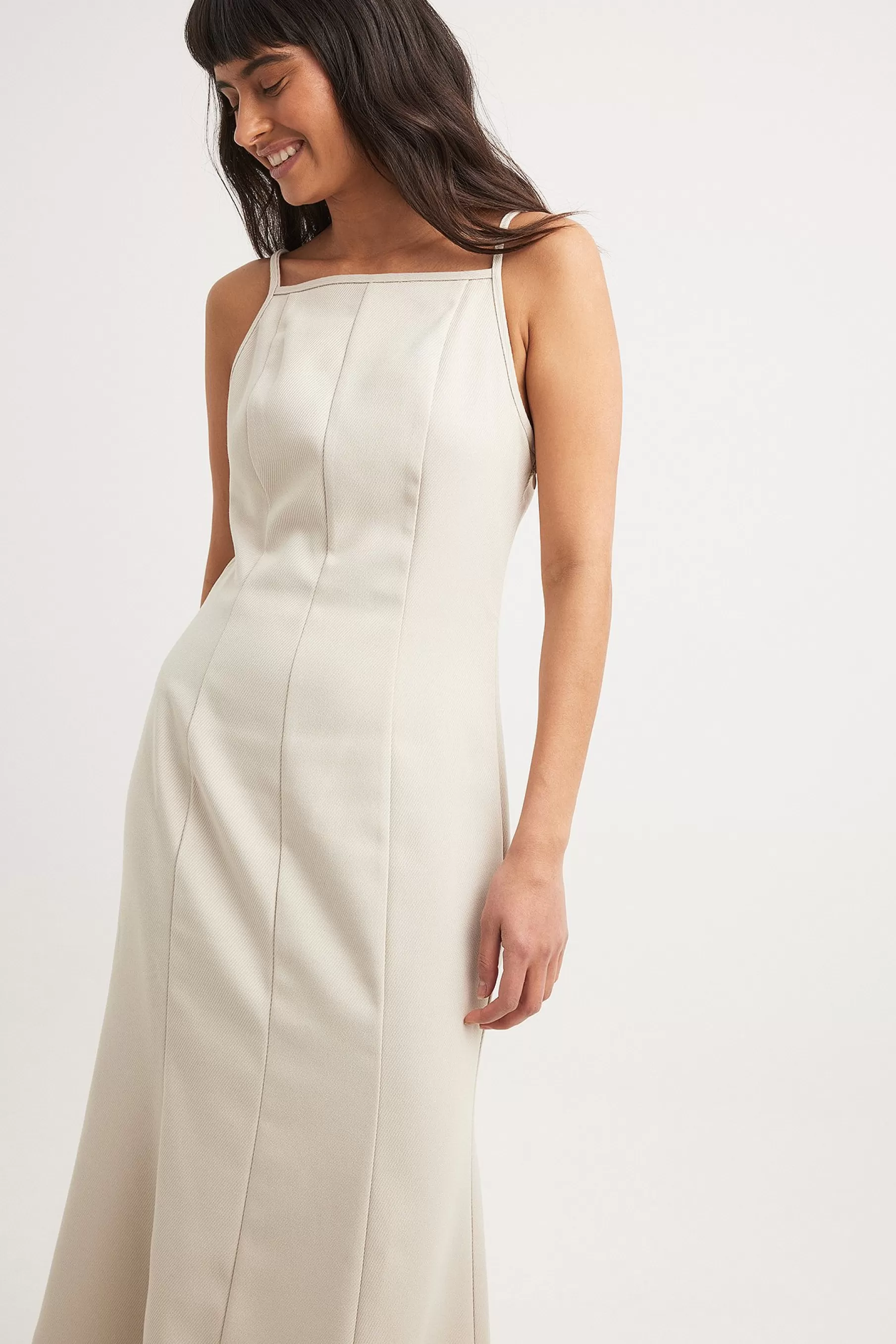 NA-KD Deep Back Tie Detail Midi Dress Offwhite