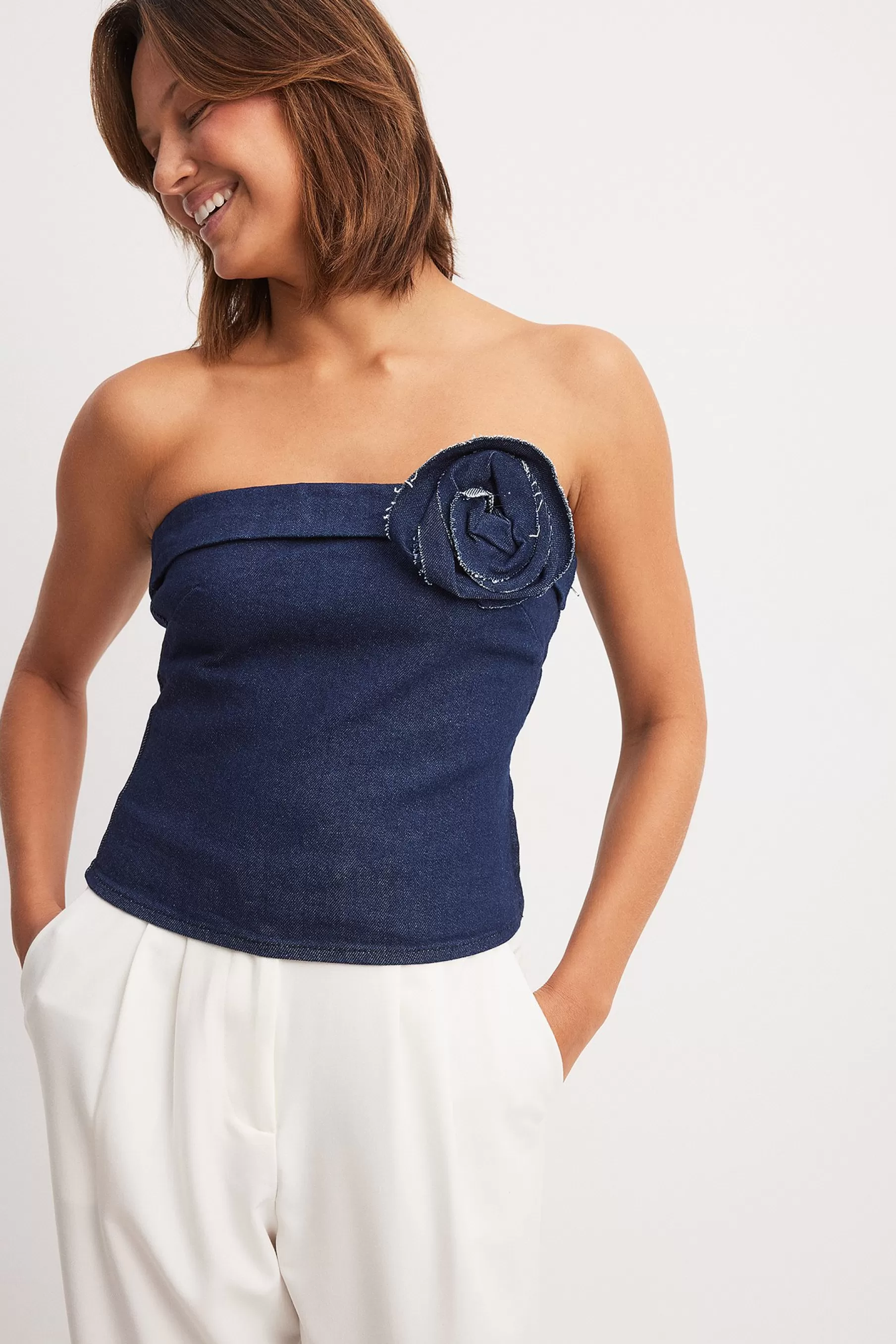 NA-KD Denim Bandeau Top Blue