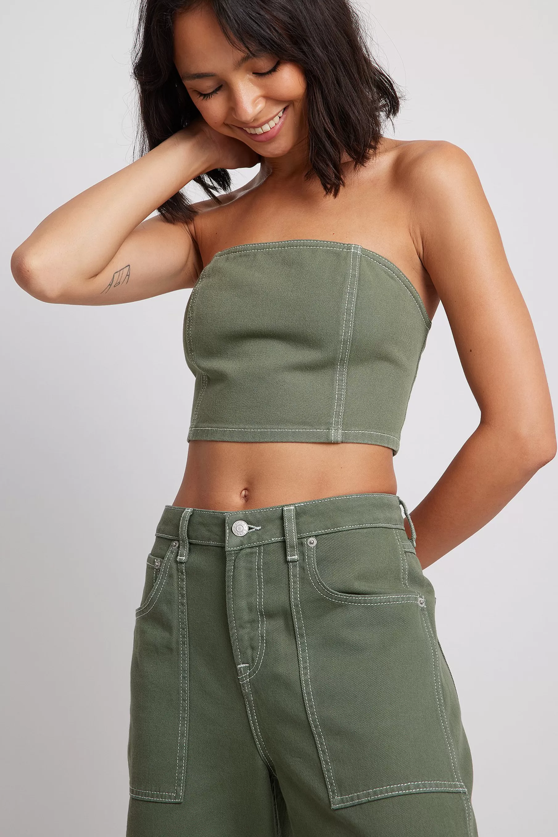 NA-KD Denim Top Green