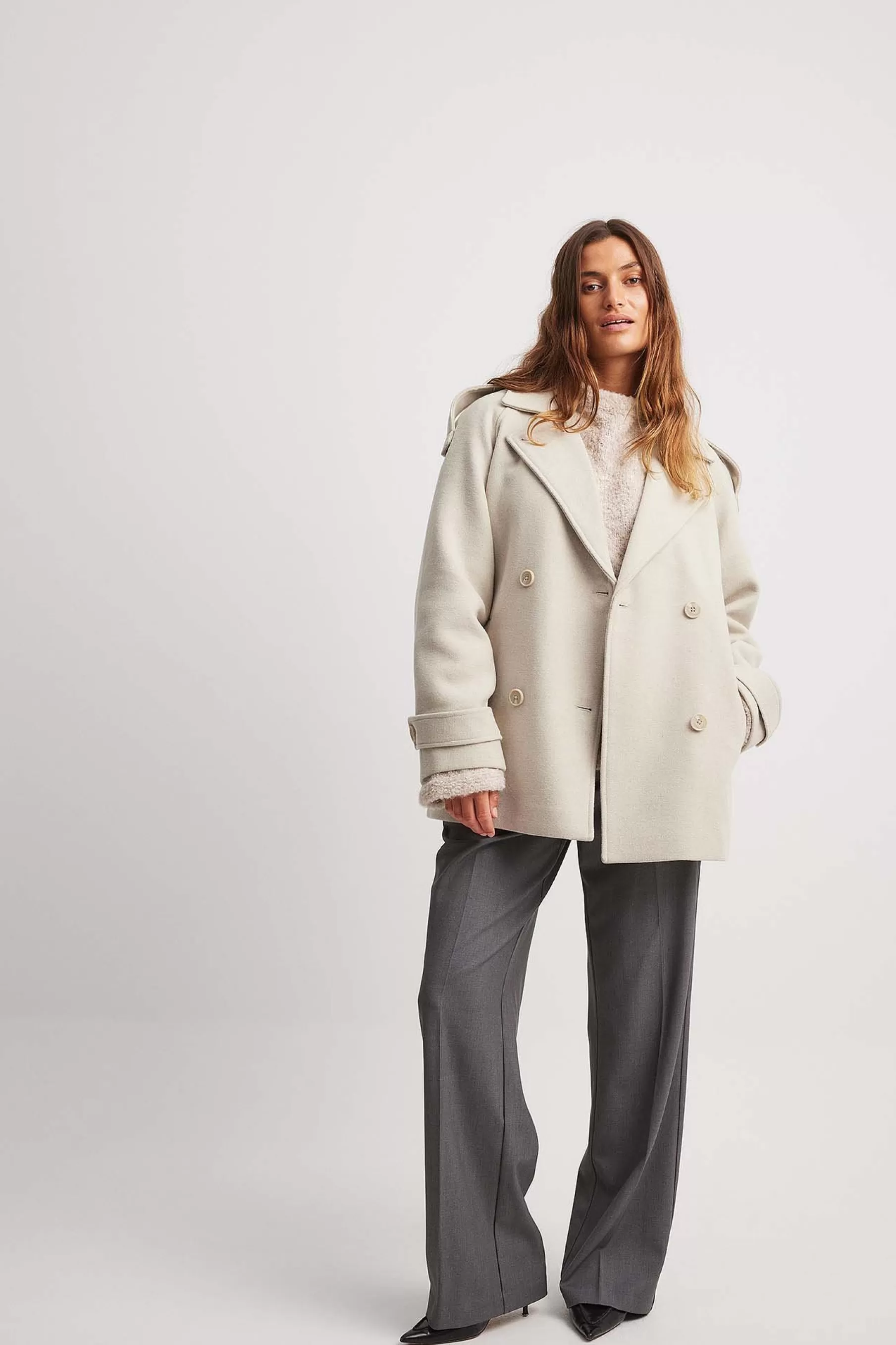 NA-KD Double Breasted Short Detail Trench Coat Beige