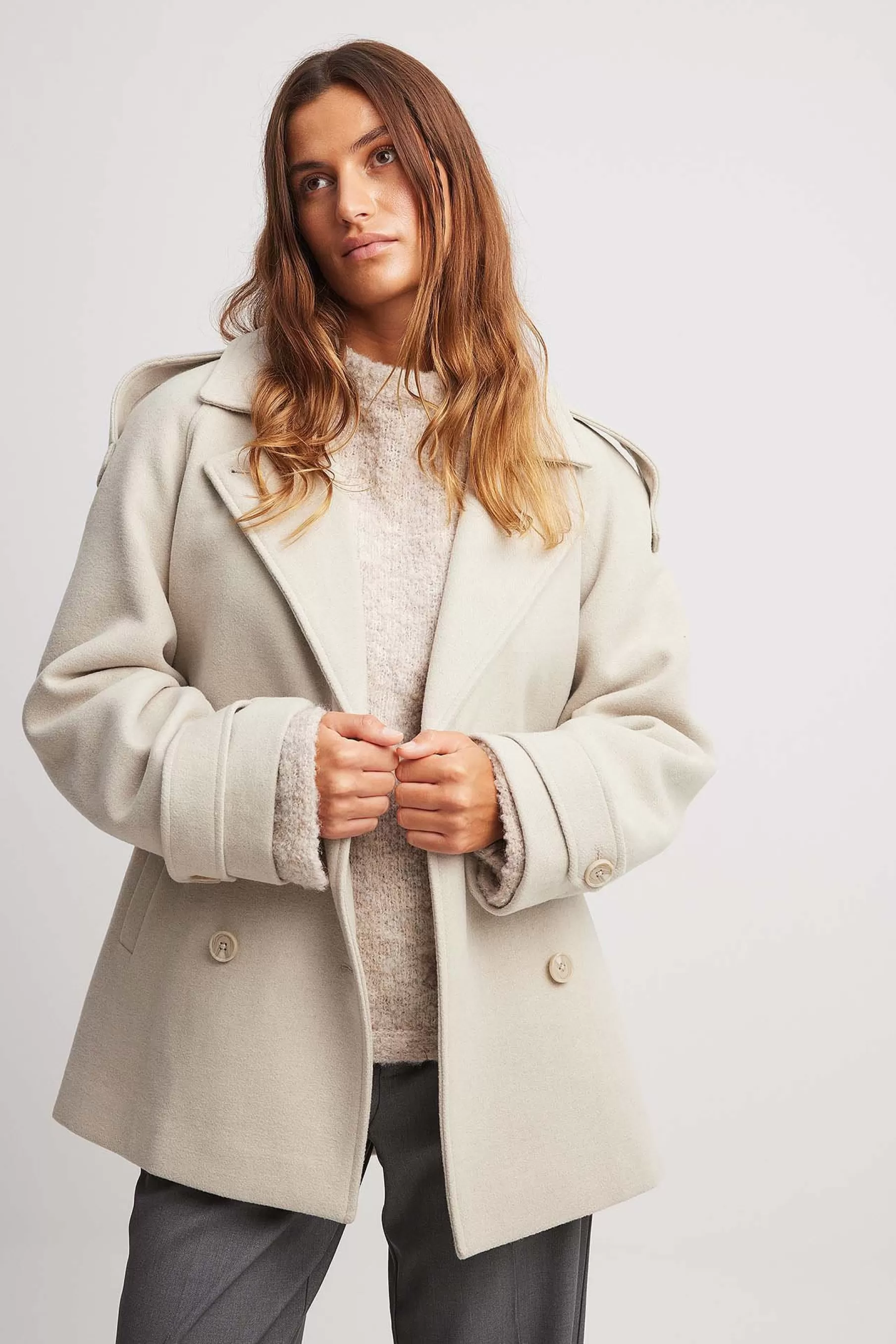 NA-KD Double Breasted Short Detail Trench Coat Beige