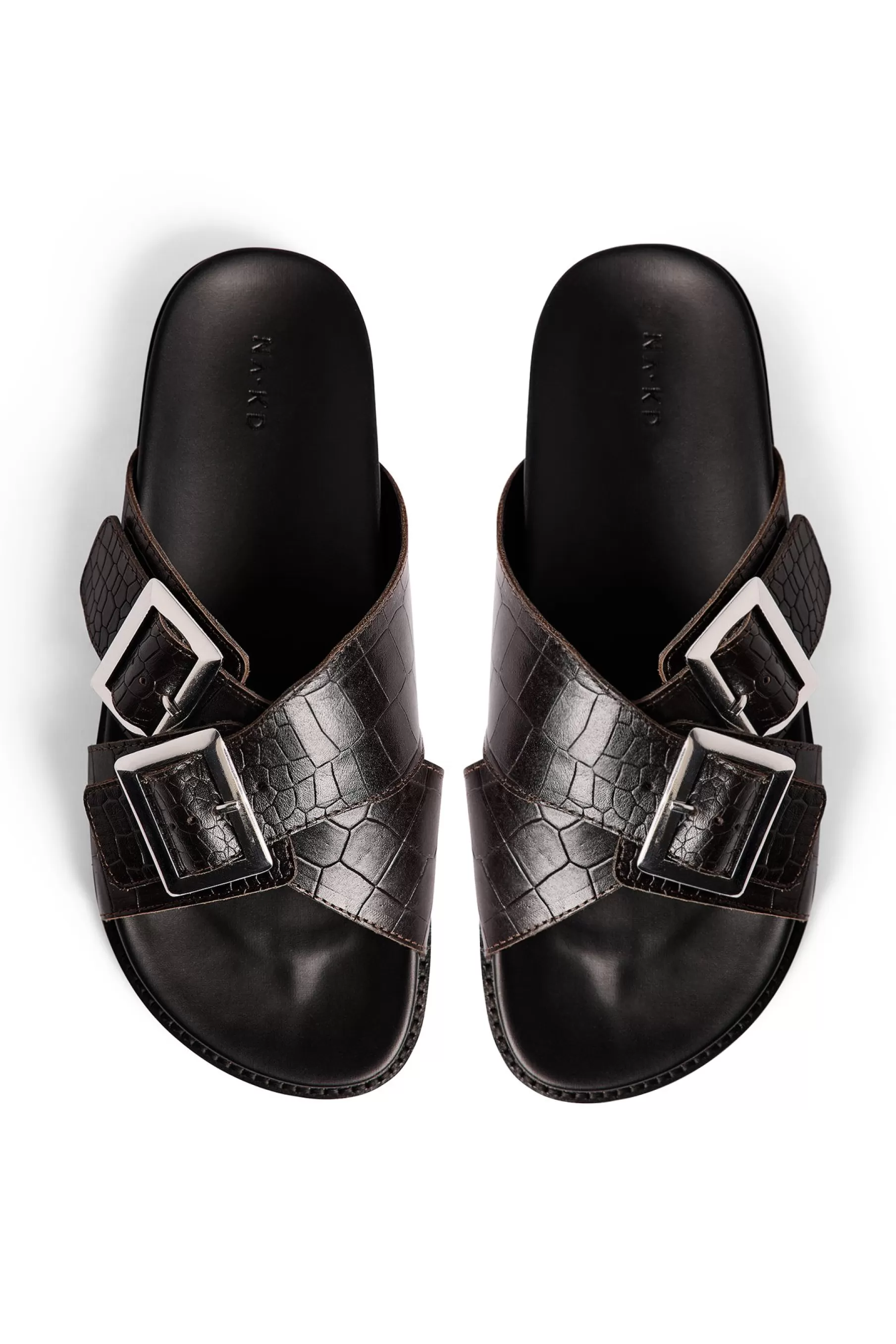 NA-KD Double Buckle Leather Slippers Brown