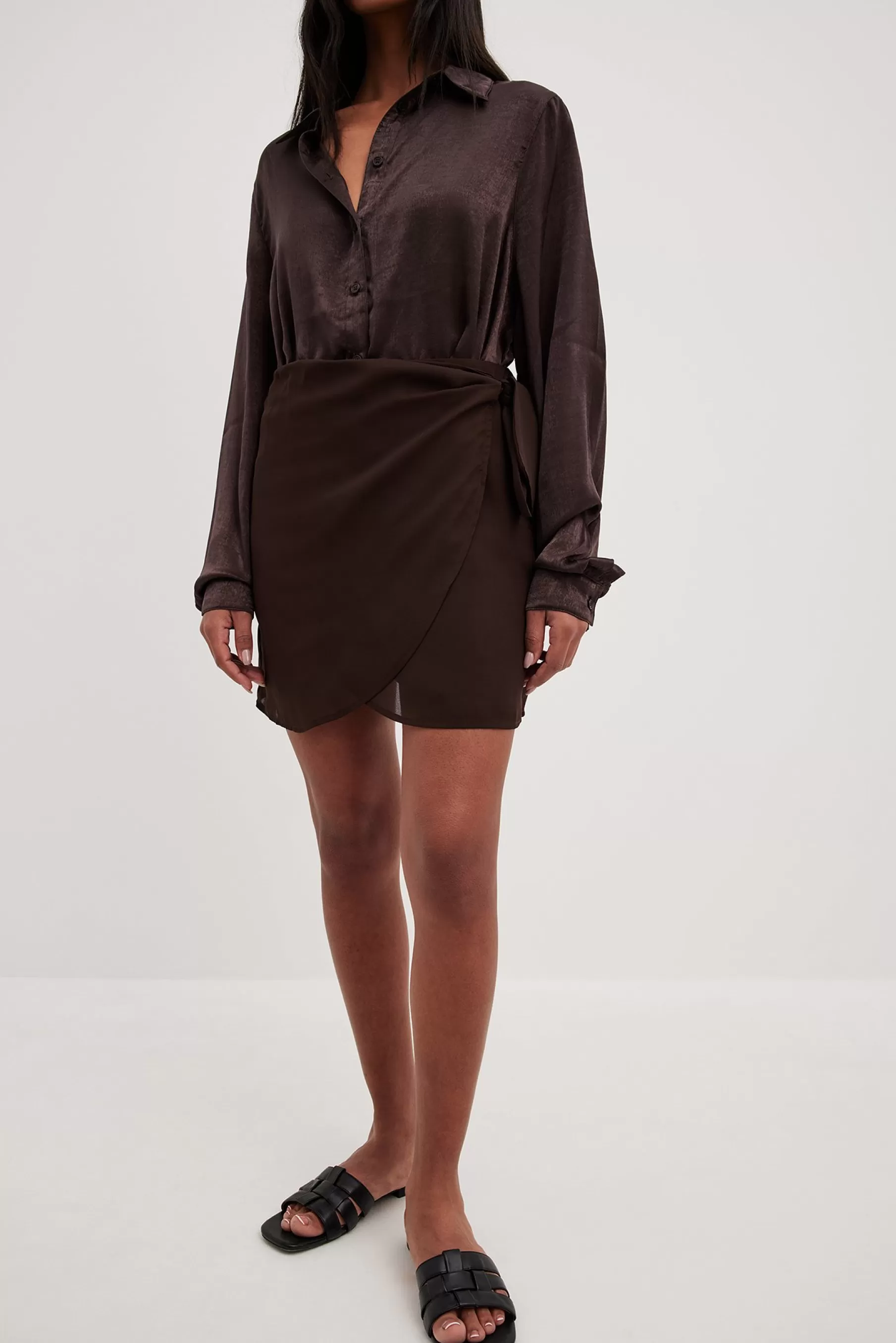 NA-KD Draped Chiffon Mini Skirt Brown