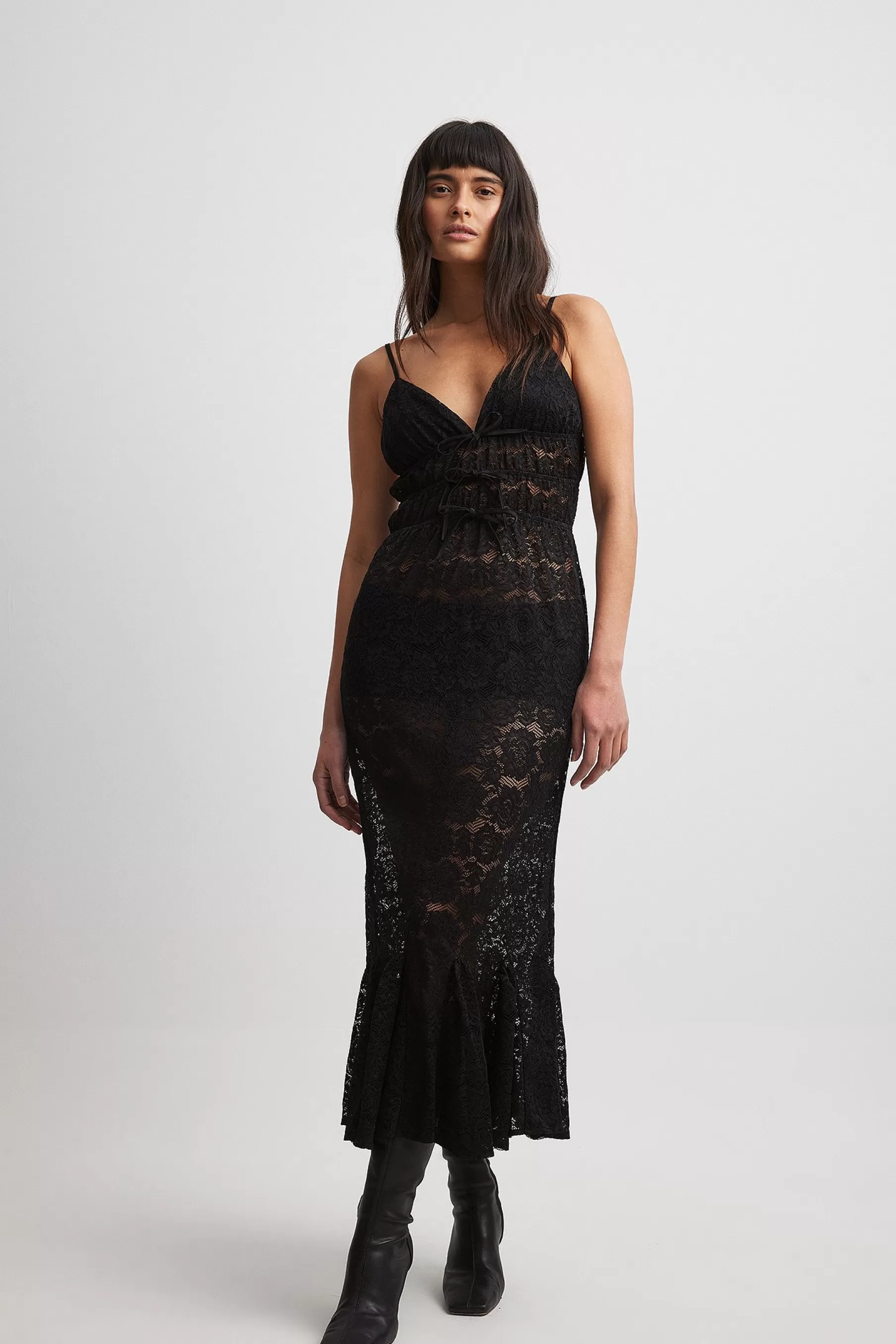 NA-KD Draped Lace Midi Dress Black