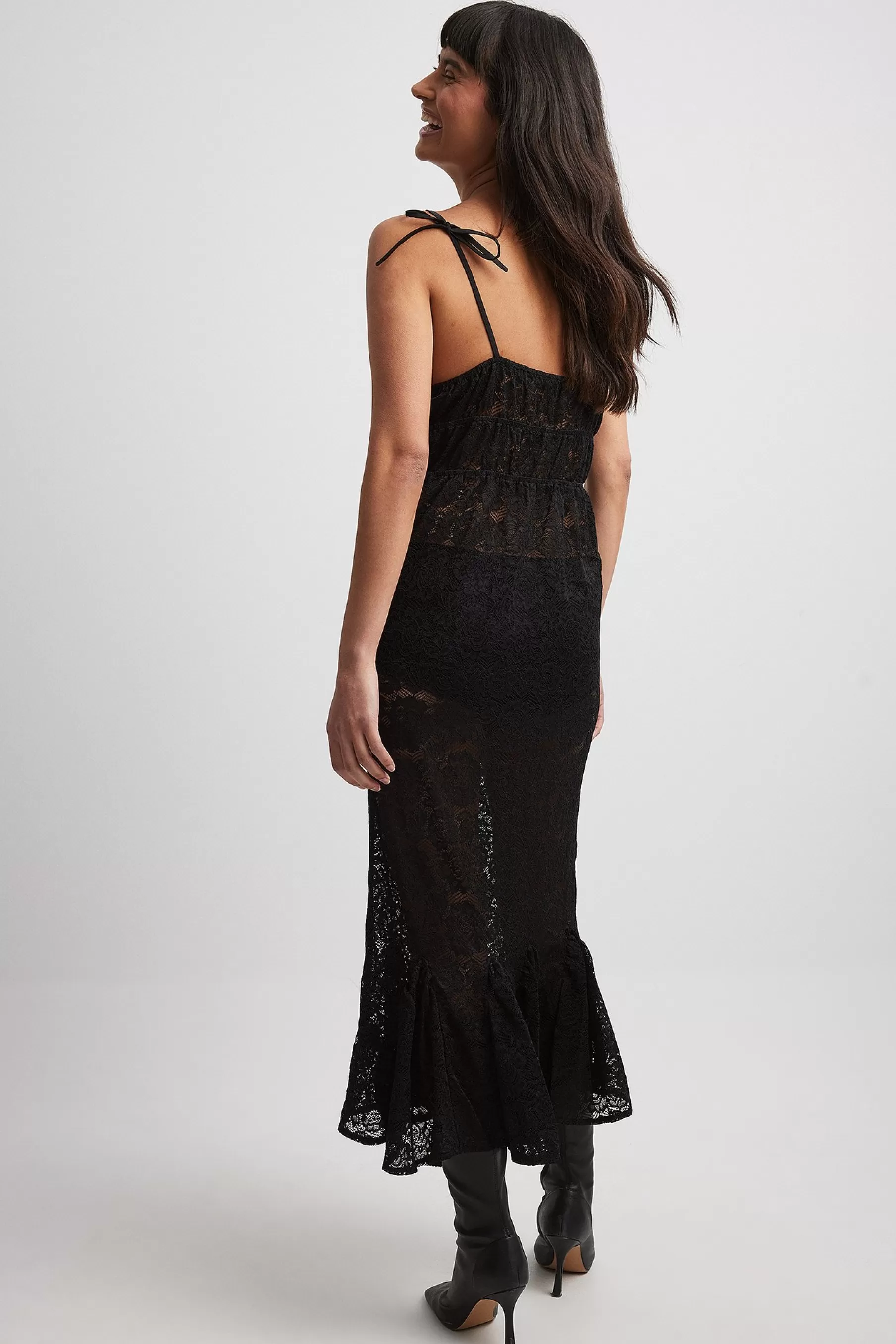 NA-KD Draped Lace Midi Dress Black