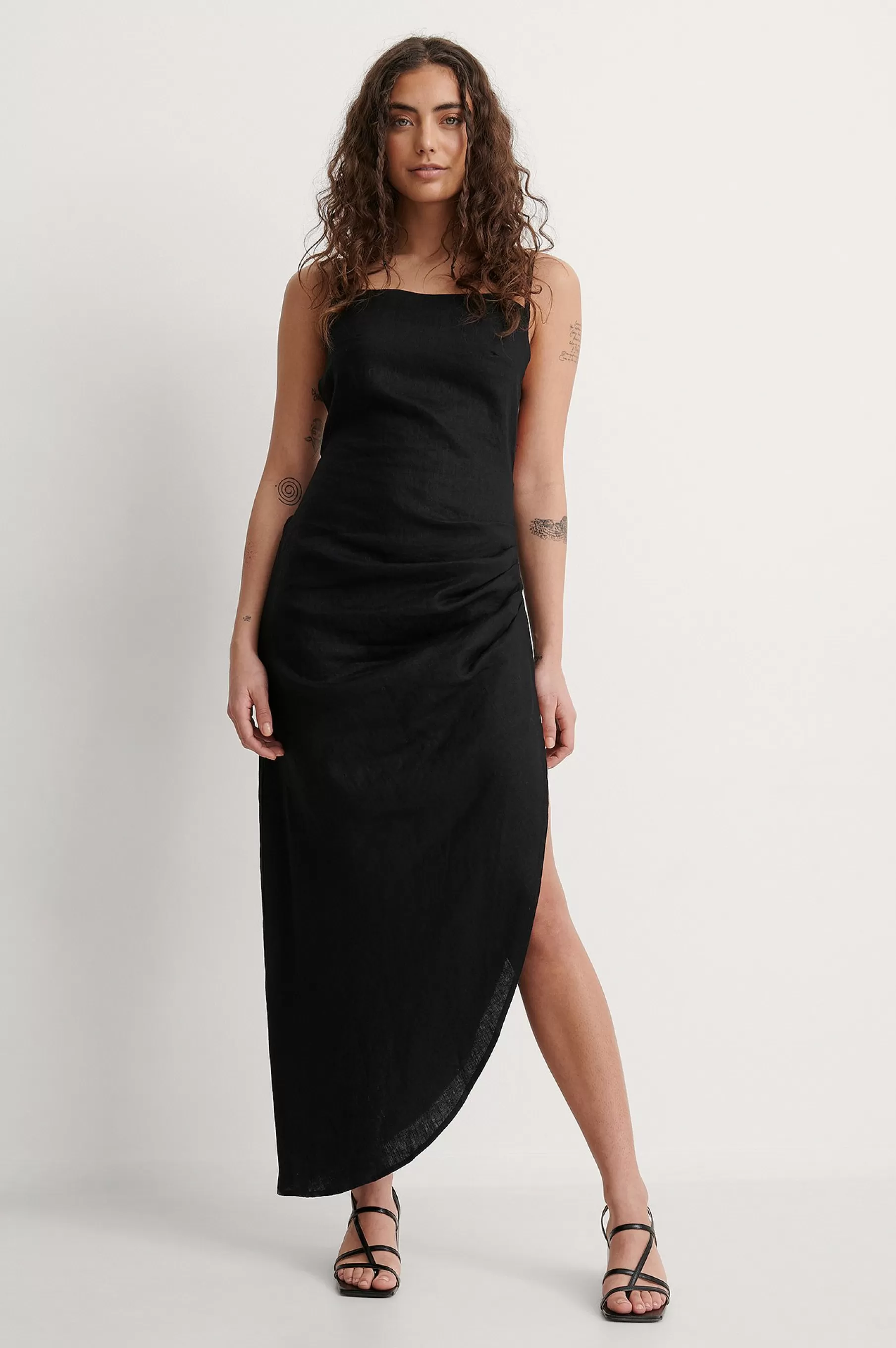 NA-KD Draped Linen Dress Black