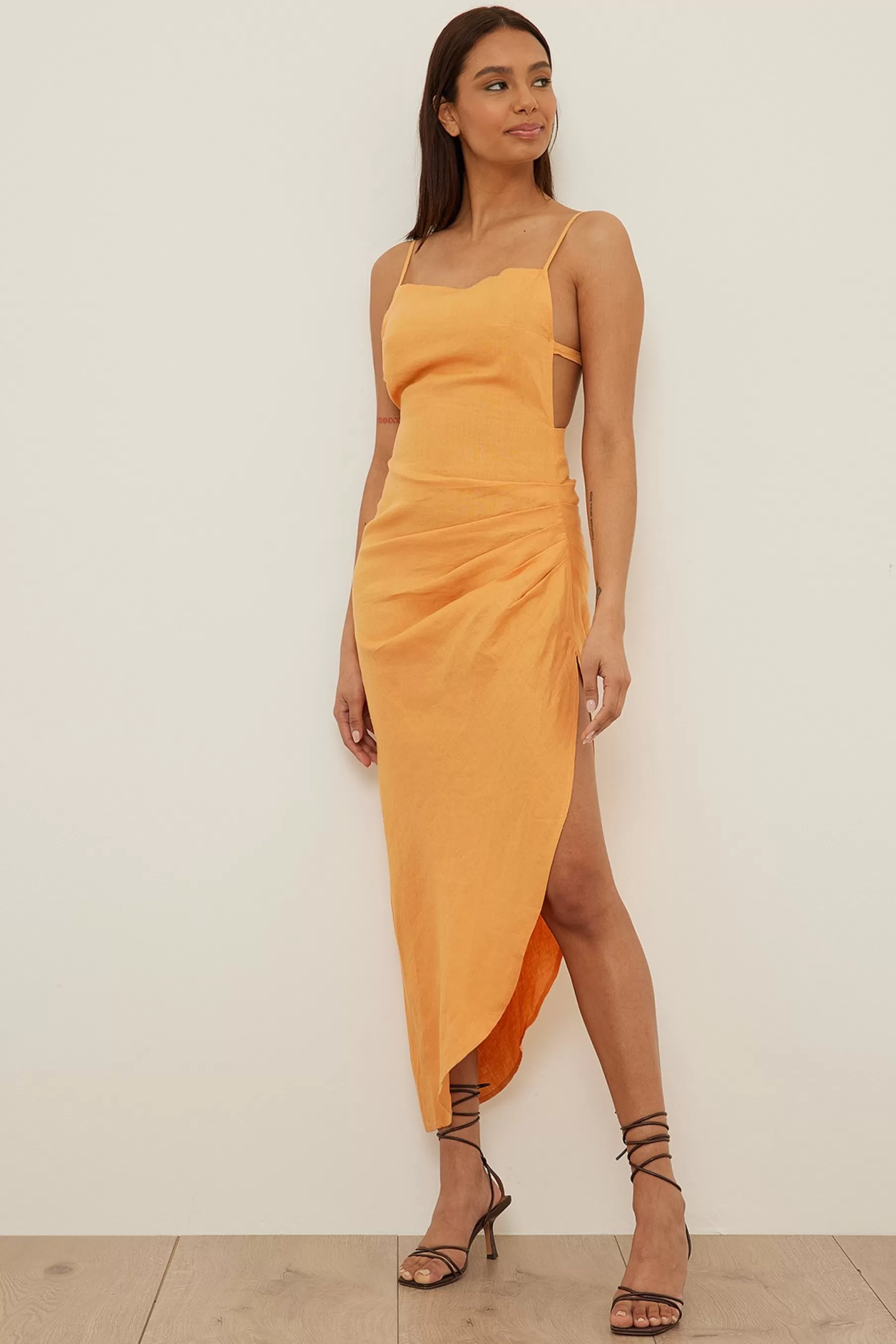 NA-KD Draped Linen Dress Orange