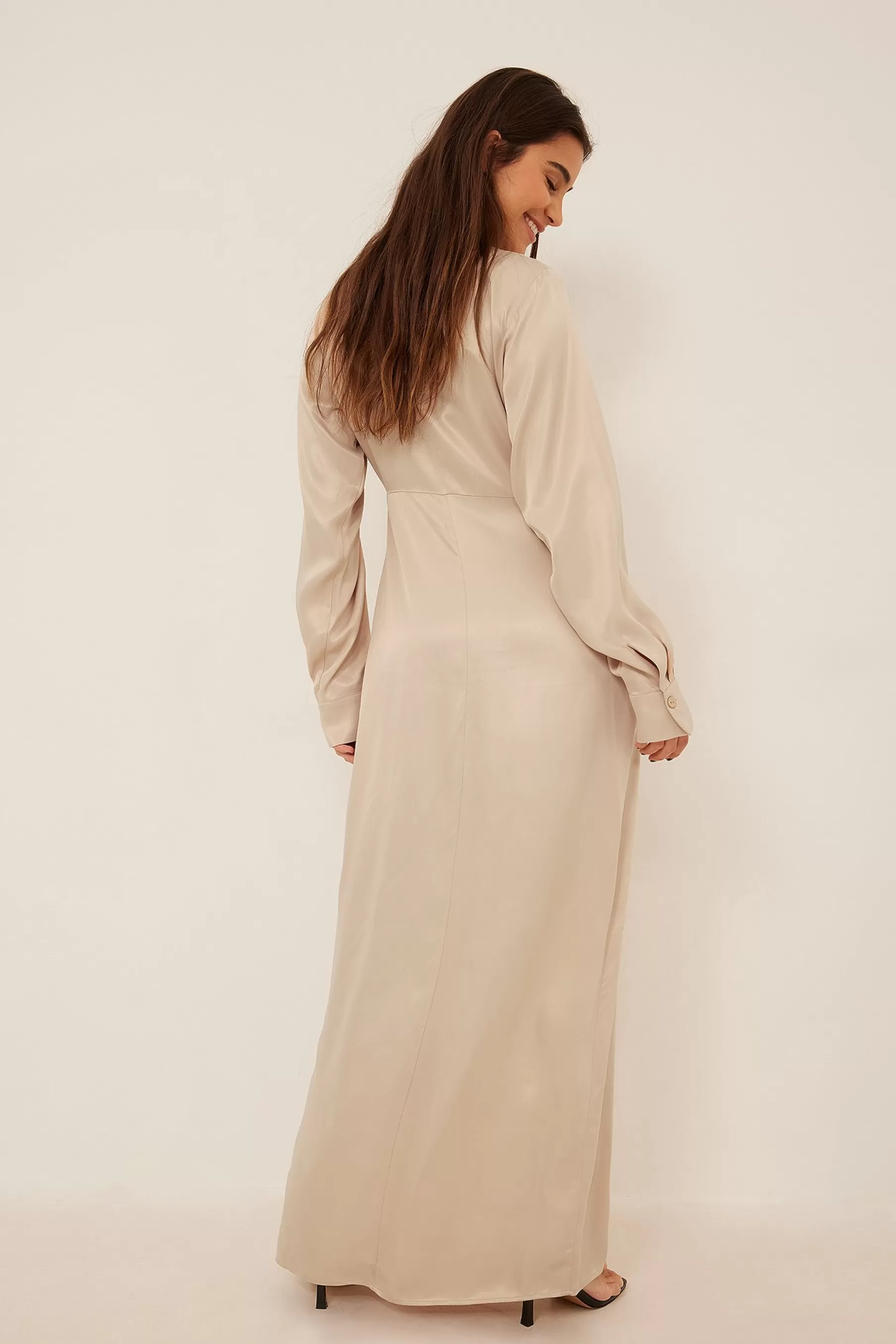 NA-KD Draped Maxi Satin Dress Beige