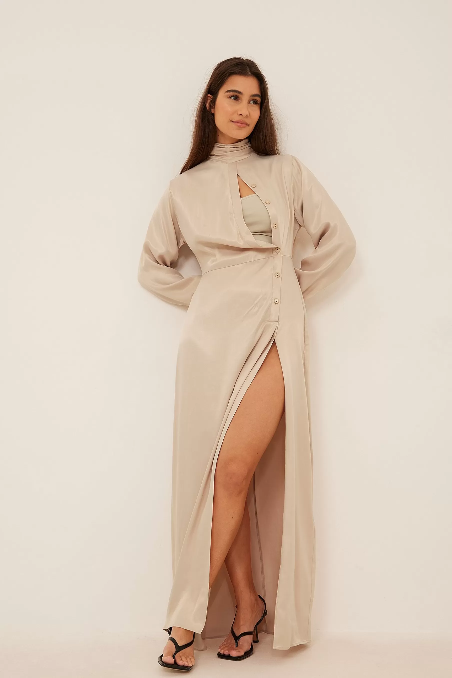 NA-KD Draped Maxi Satin Dress Beige