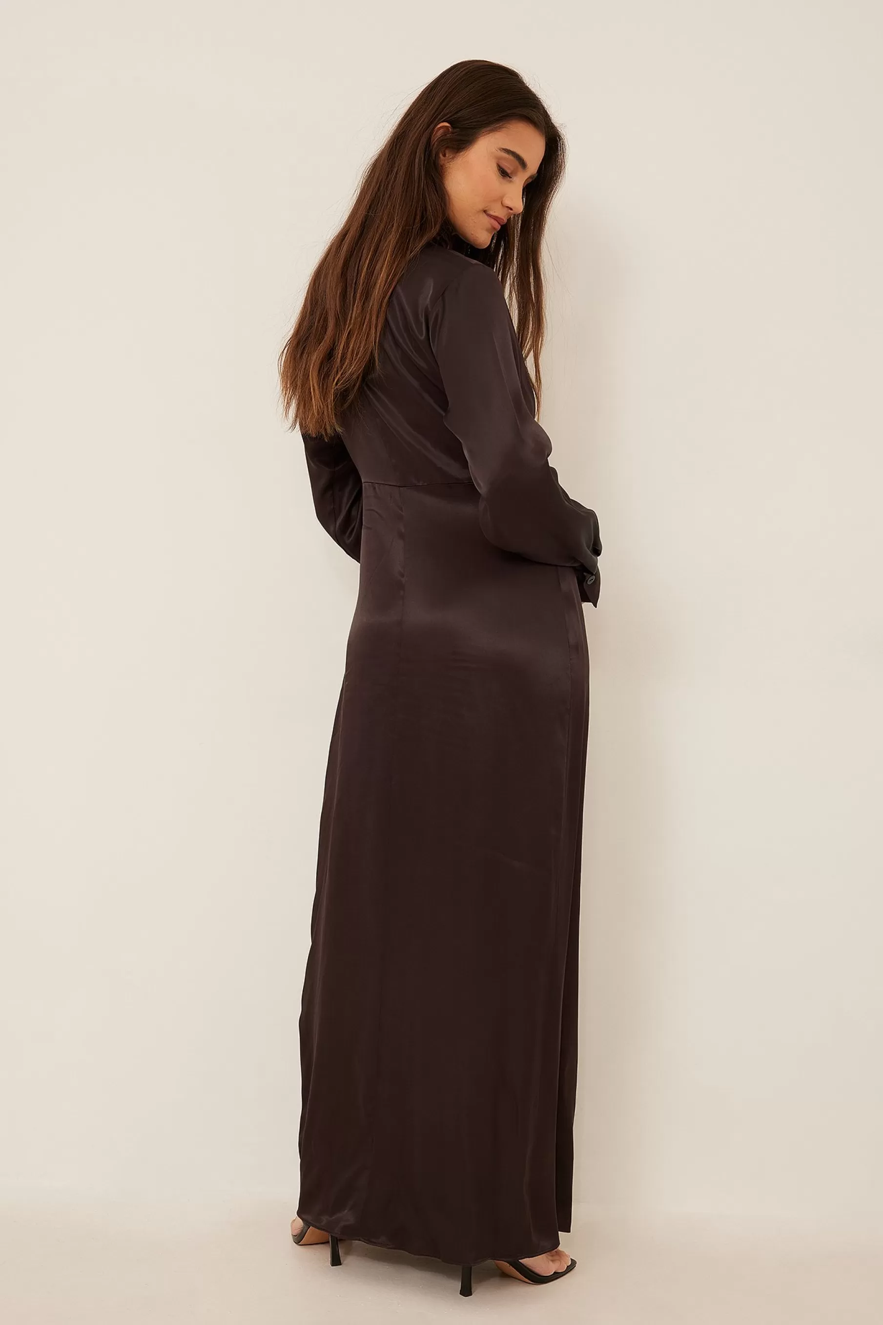 NA-KD Draped Maxi Satin Dress Brown