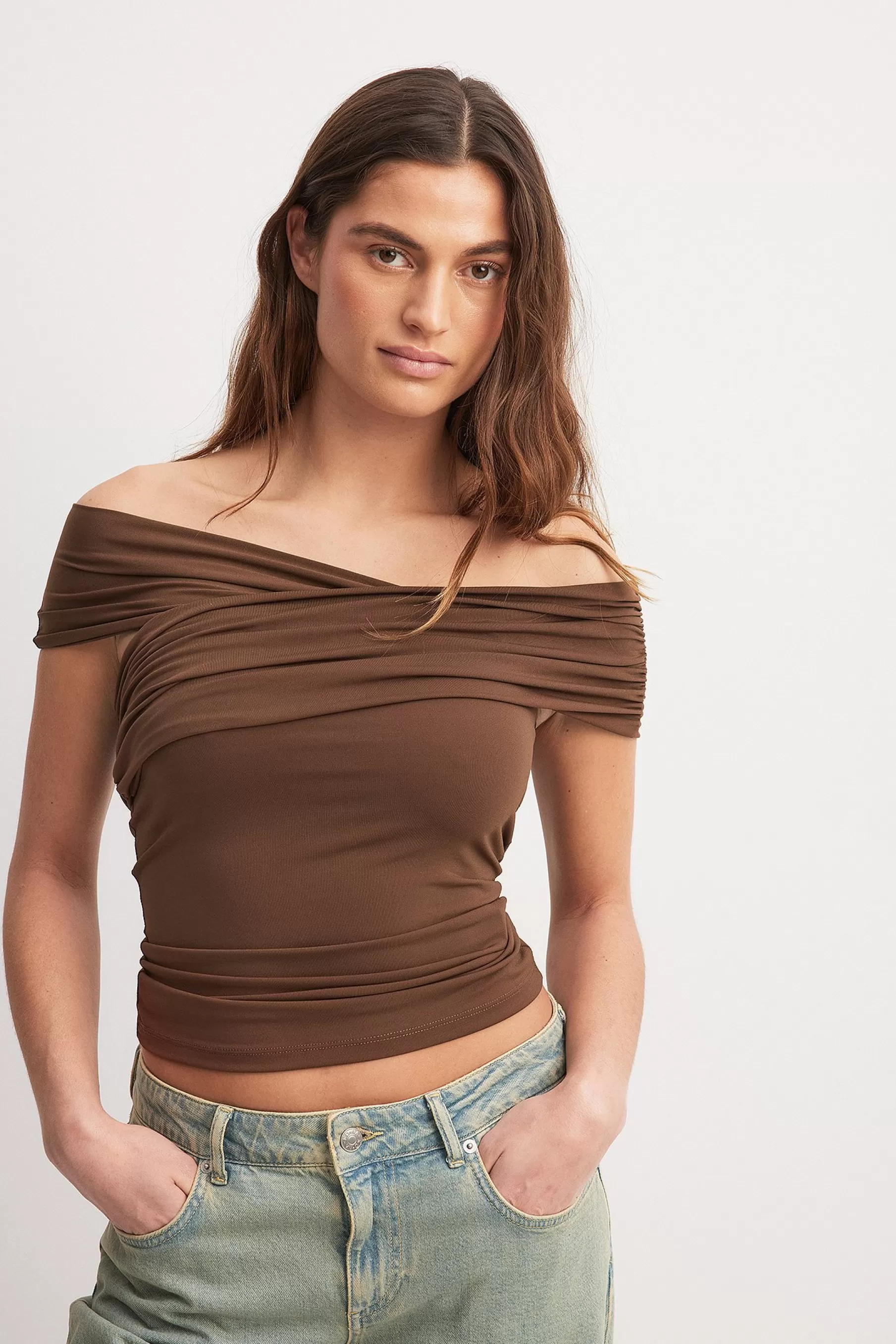 NA-KD Draped Off Shoulder Top Brown