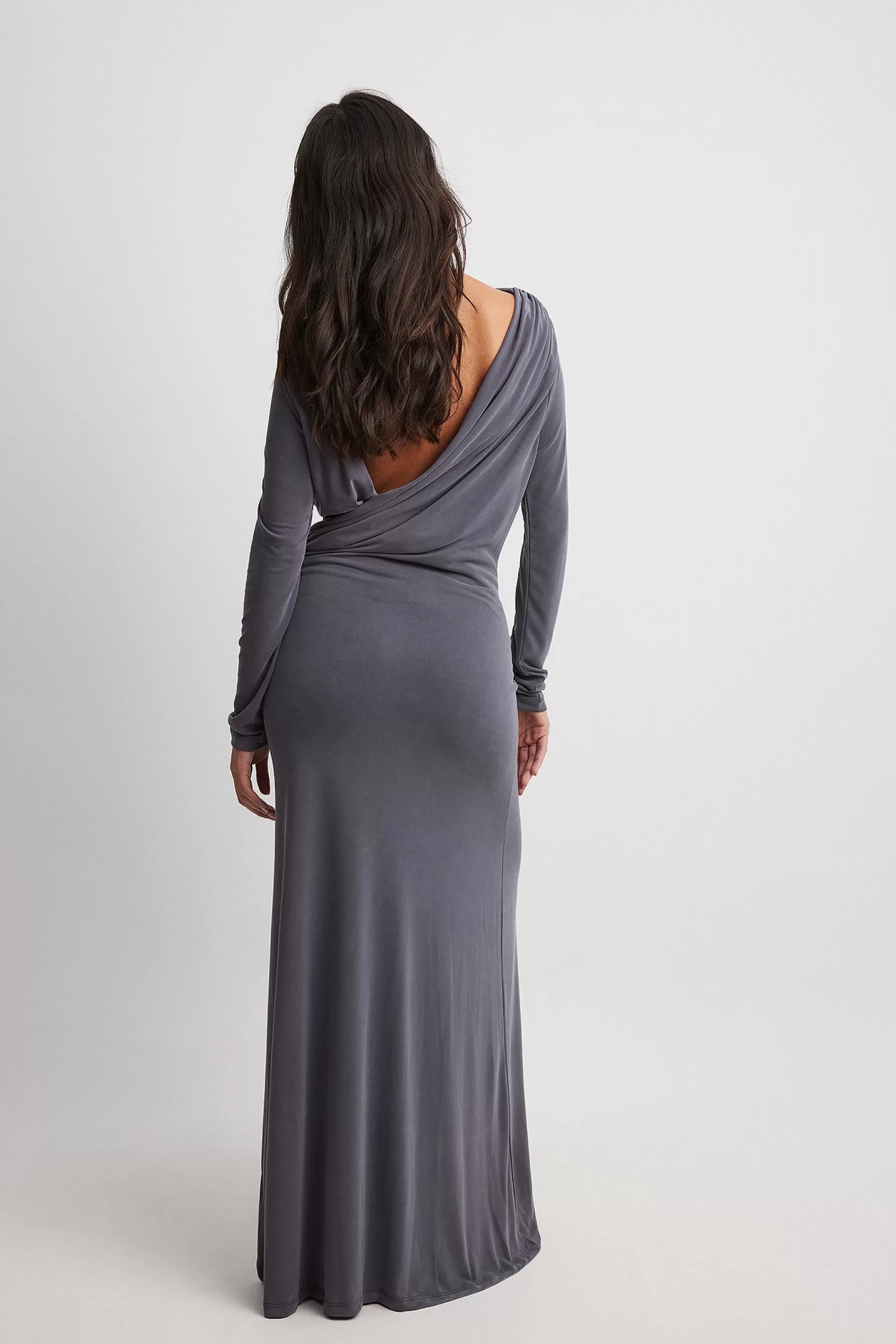 NA-KD Draped Open Back Maxi Dress Grey