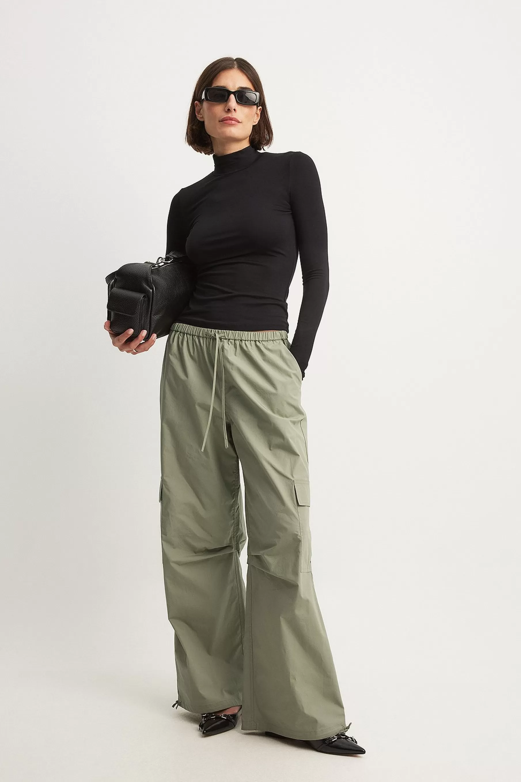 NA-KD Drawstring Loose Mid Waist Cargo Pants Green