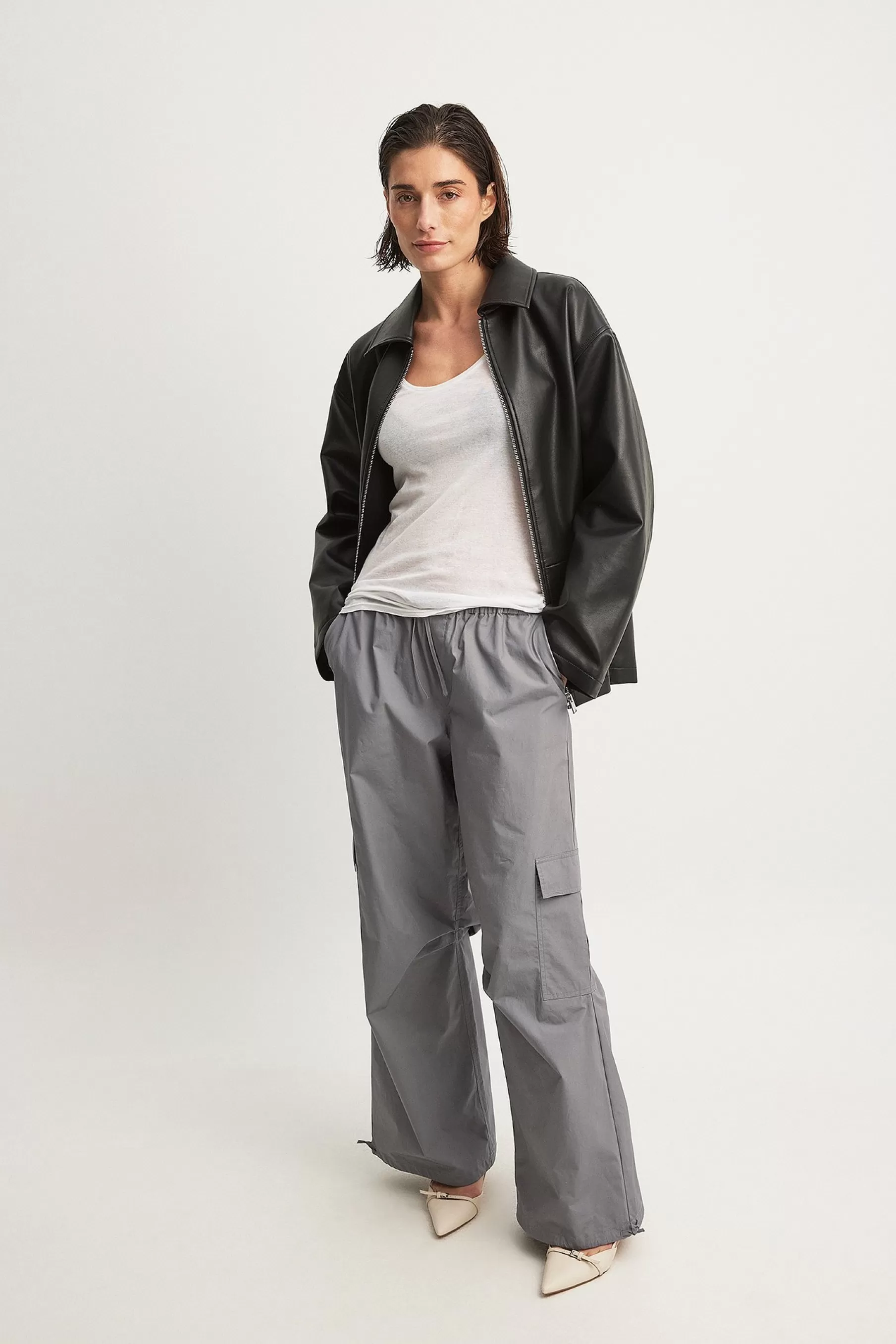 NA-KD Drawstring Loose Mid Waist Cargo Pants Grey