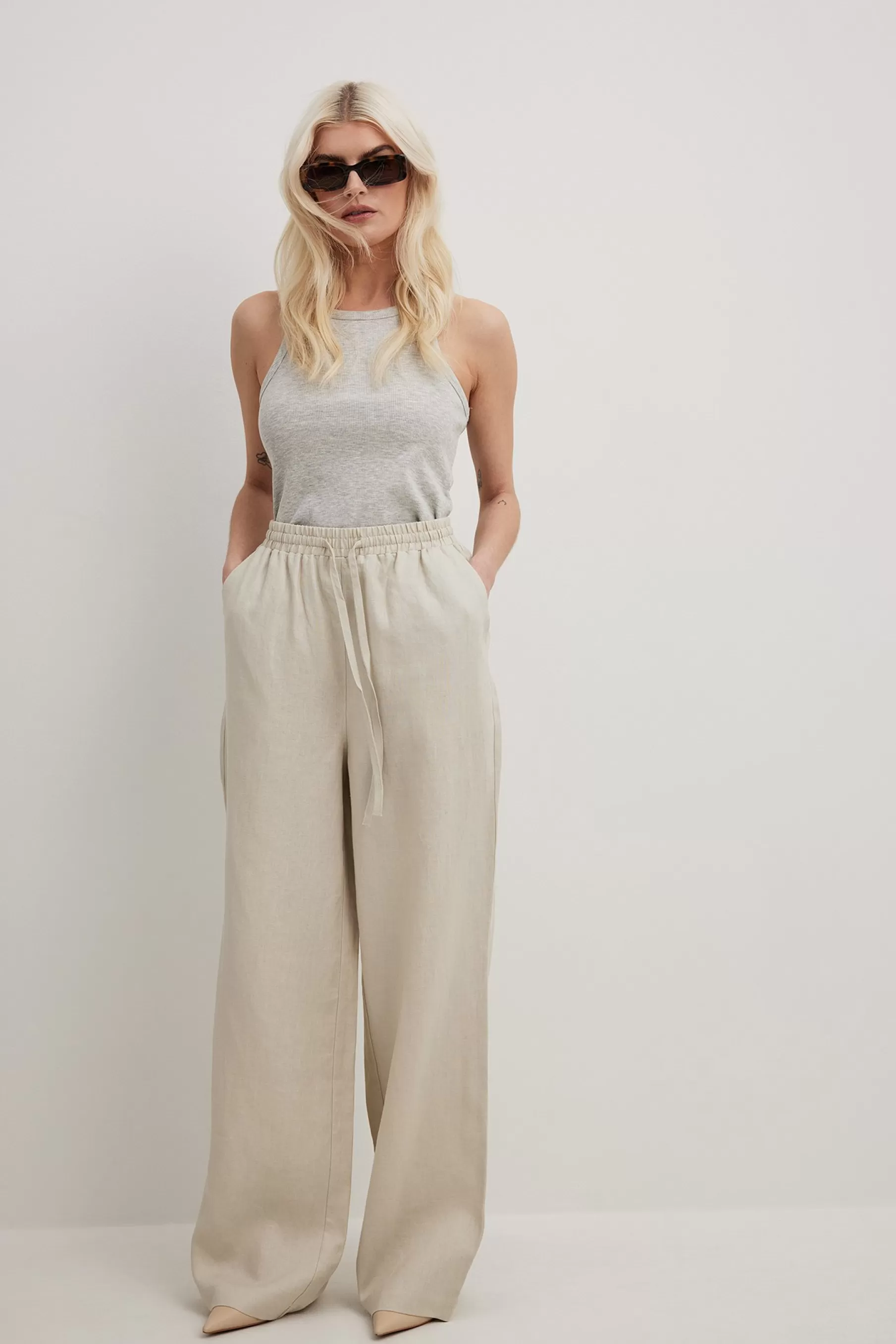 NA-KD Elastic Waist Linen Trousers Beige