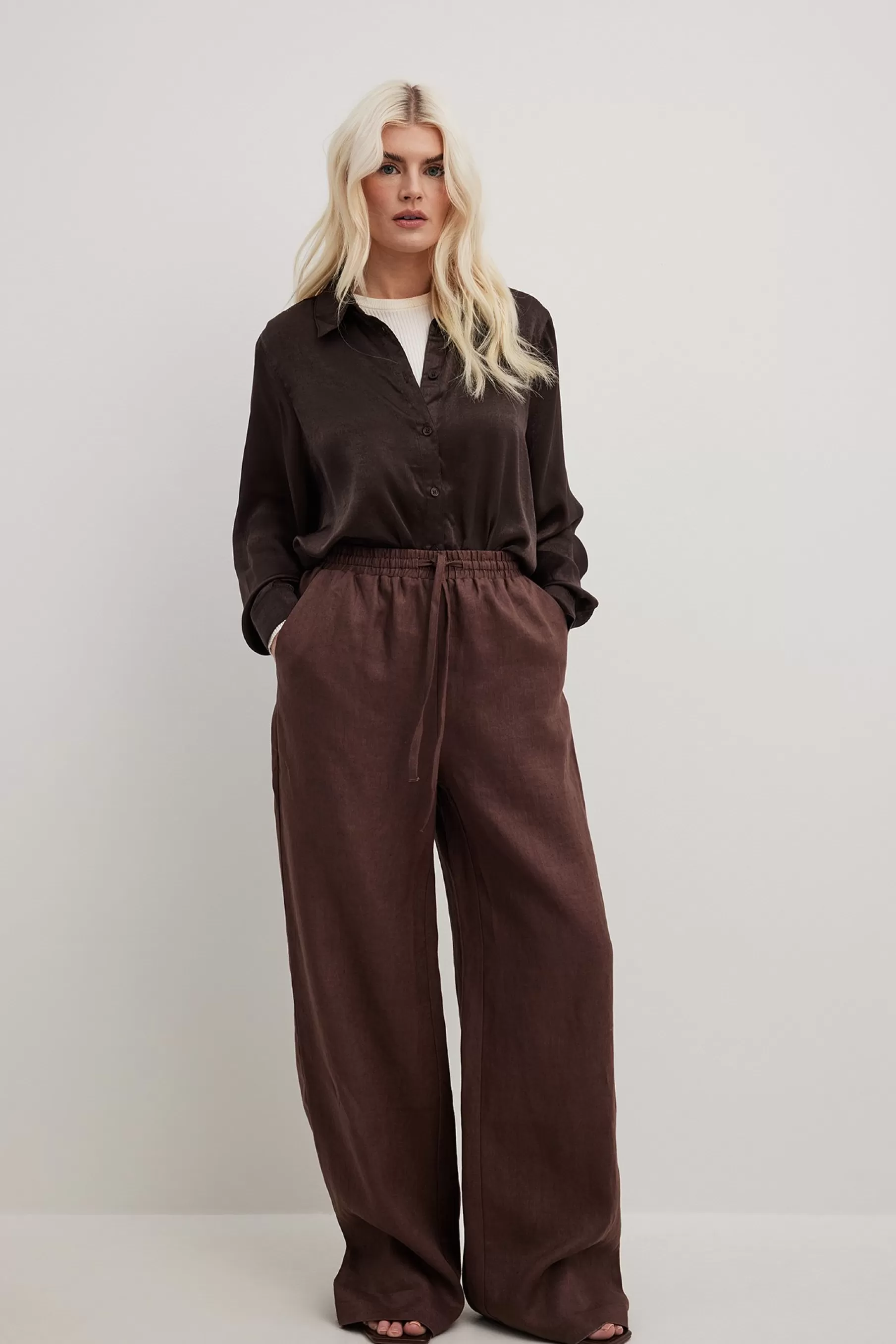 NA-KD Elastic Waist Linen Trousers Brown