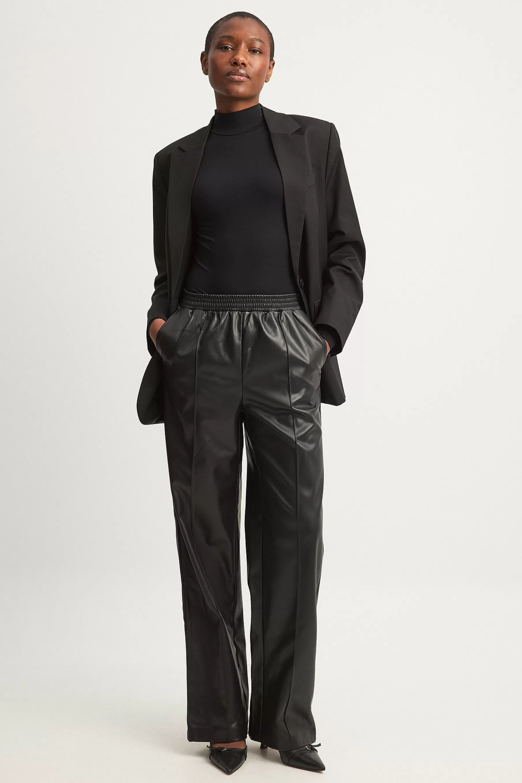 NA-KD Elastic Waist PU Trousers Black