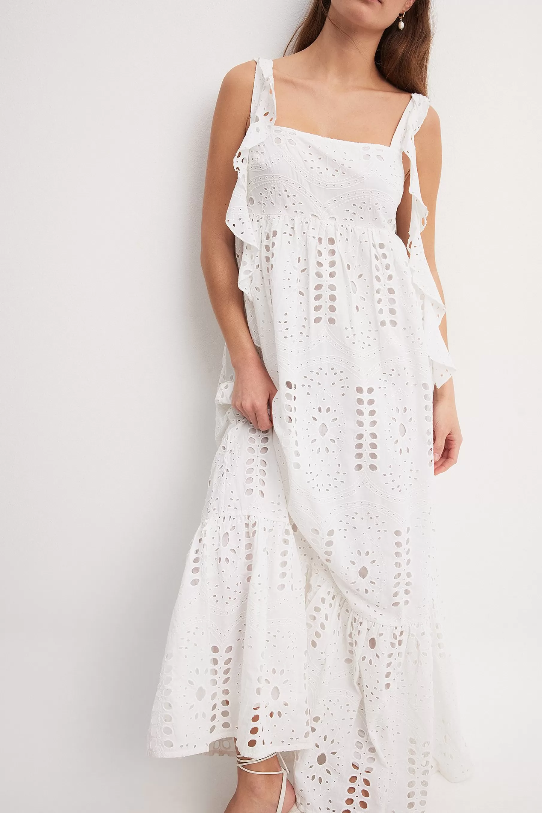 NA-KD Embroidered Anglaise Ruffle Shoulder Maxi Dress White