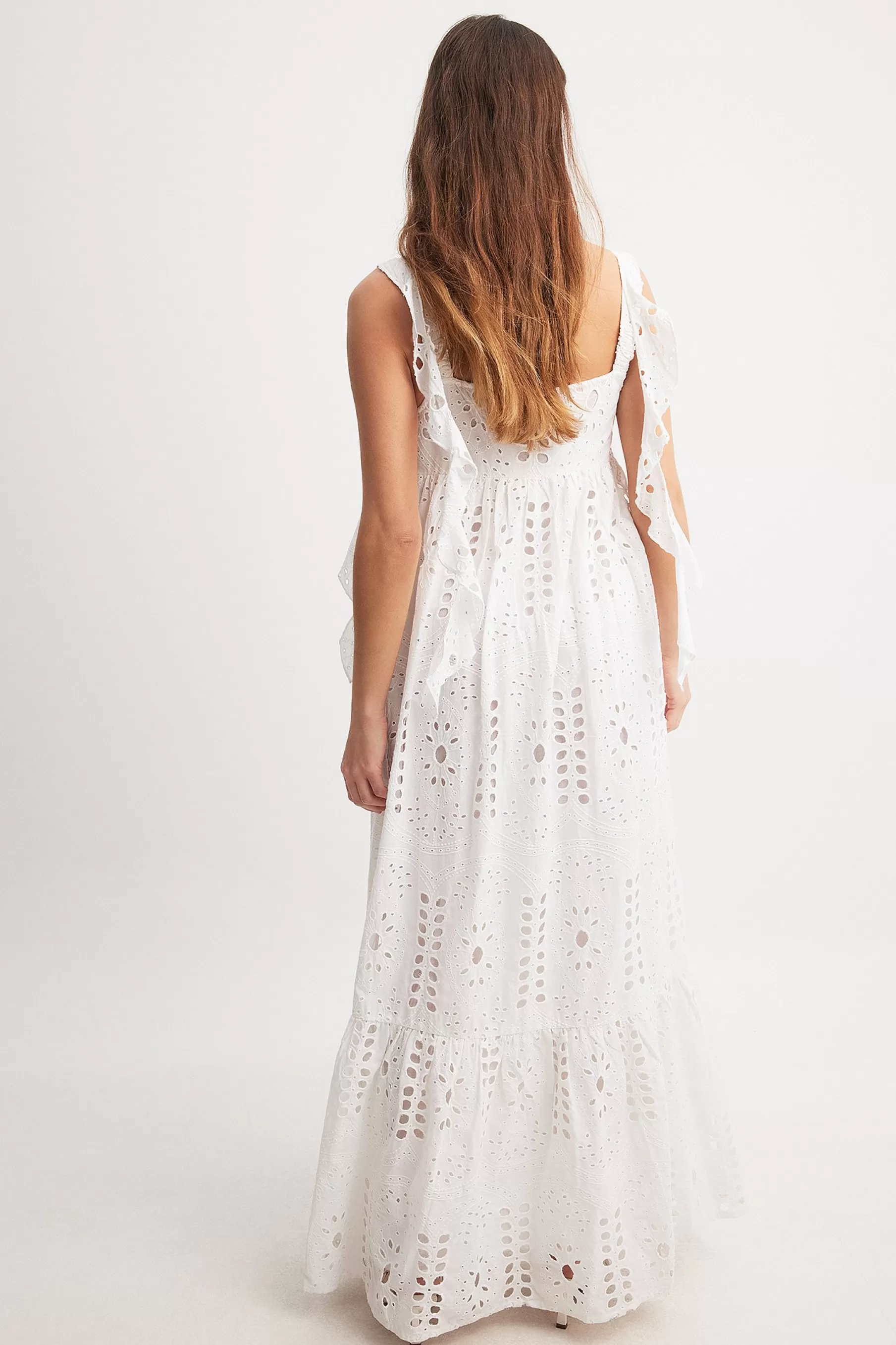 NA-KD Embroidered Anglaise Ruffle Shoulder Maxi Dress White