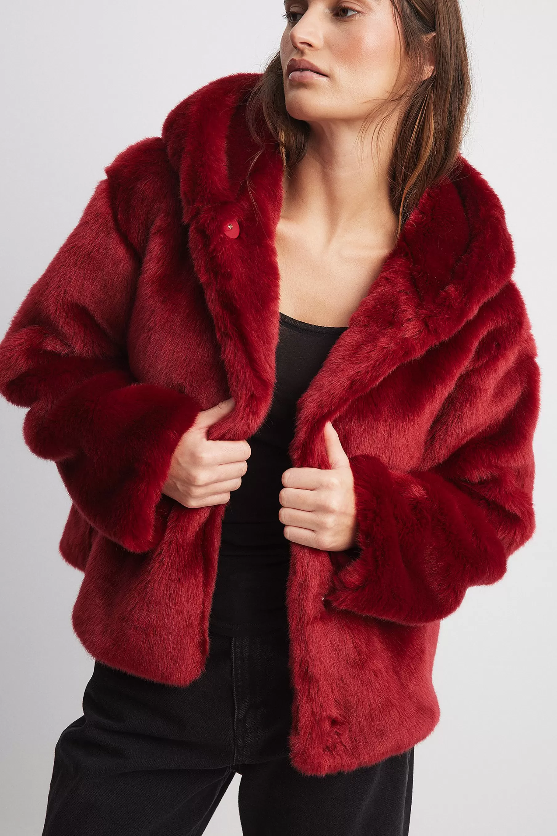 NA-KD Faux Fur Hooded Jacket Red