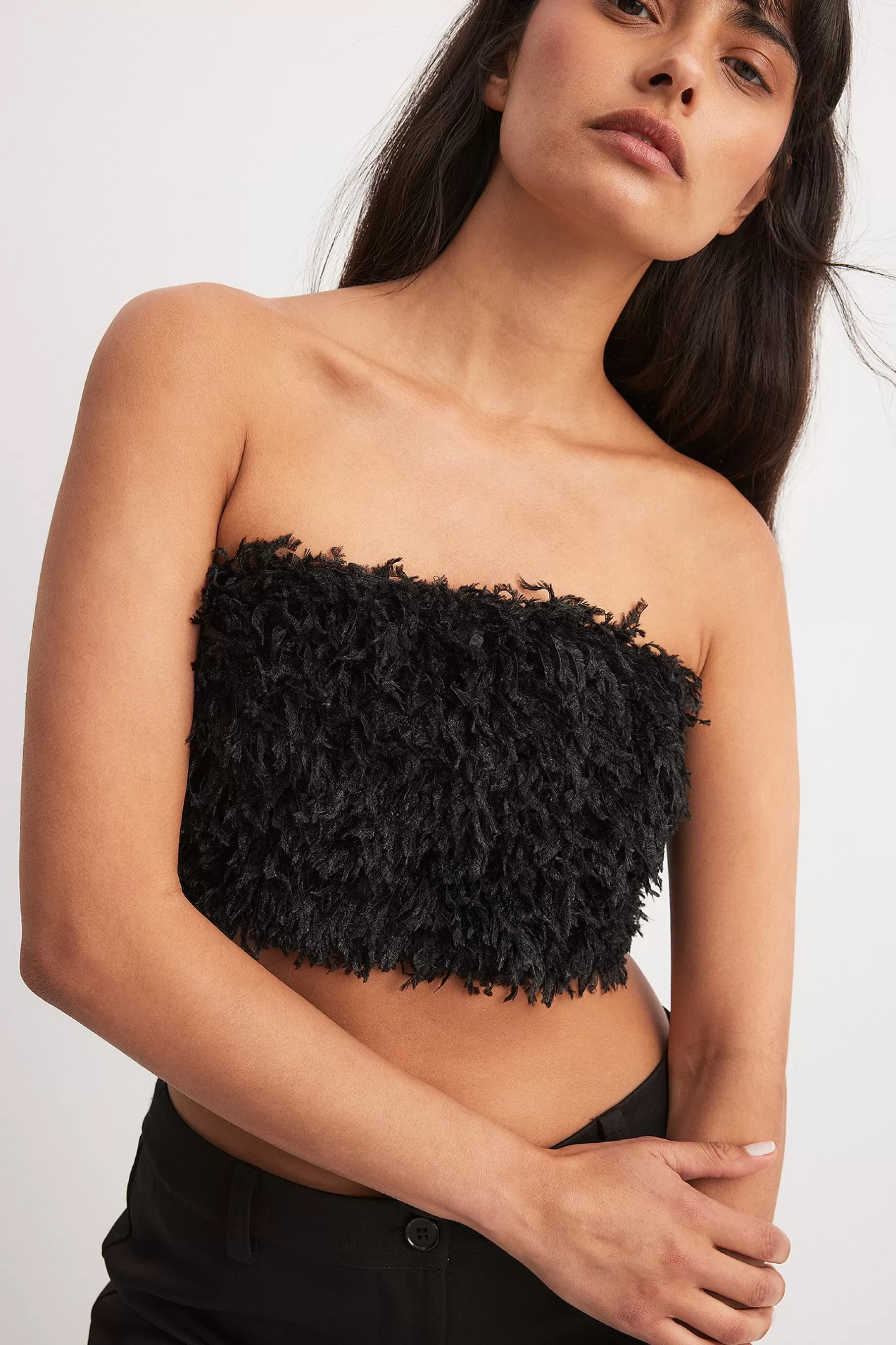 NA-KD Feather Detail Tube Top Black