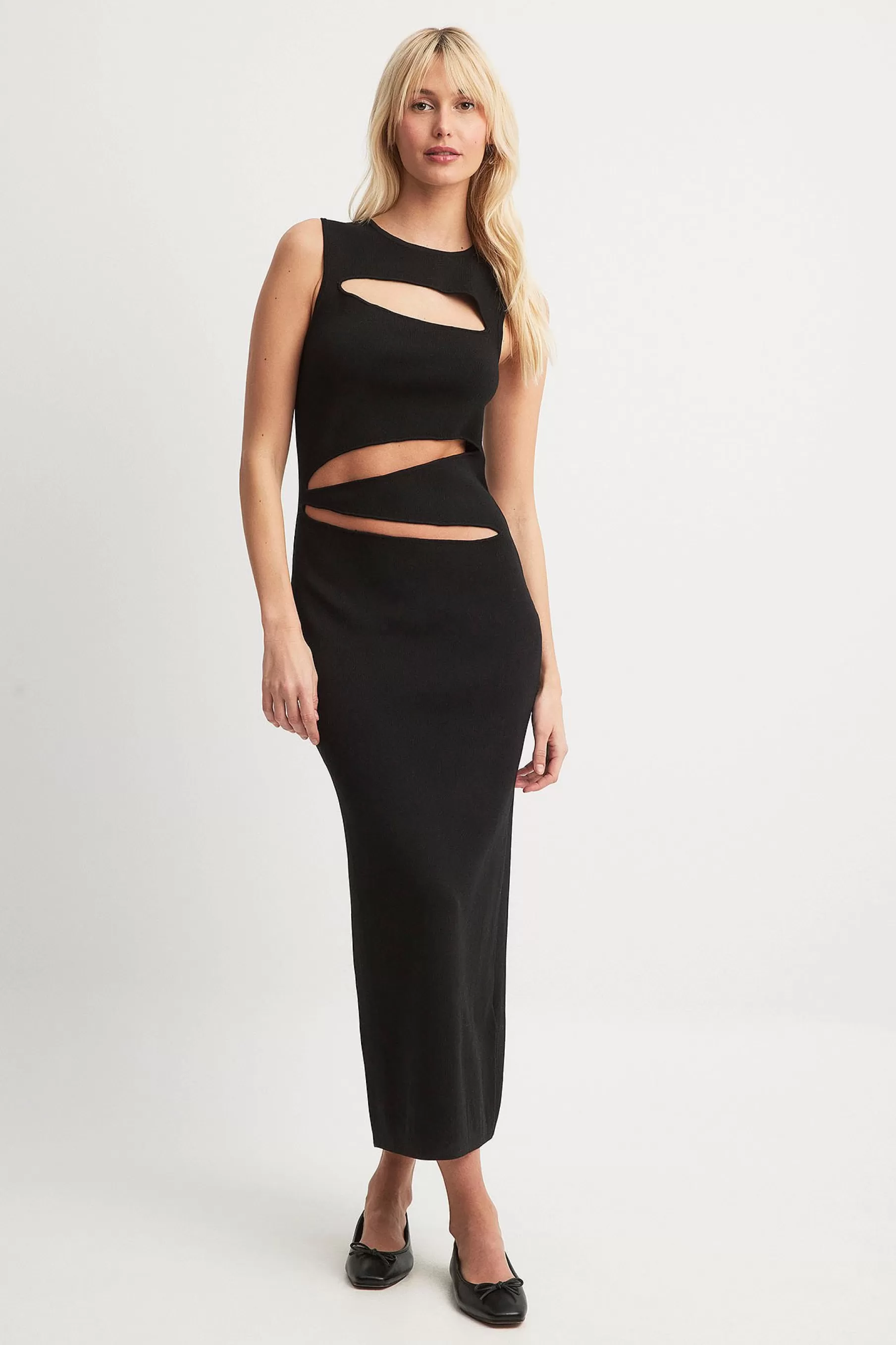 NA-KD Fine Knitted Cut Out Maxi Dress Black