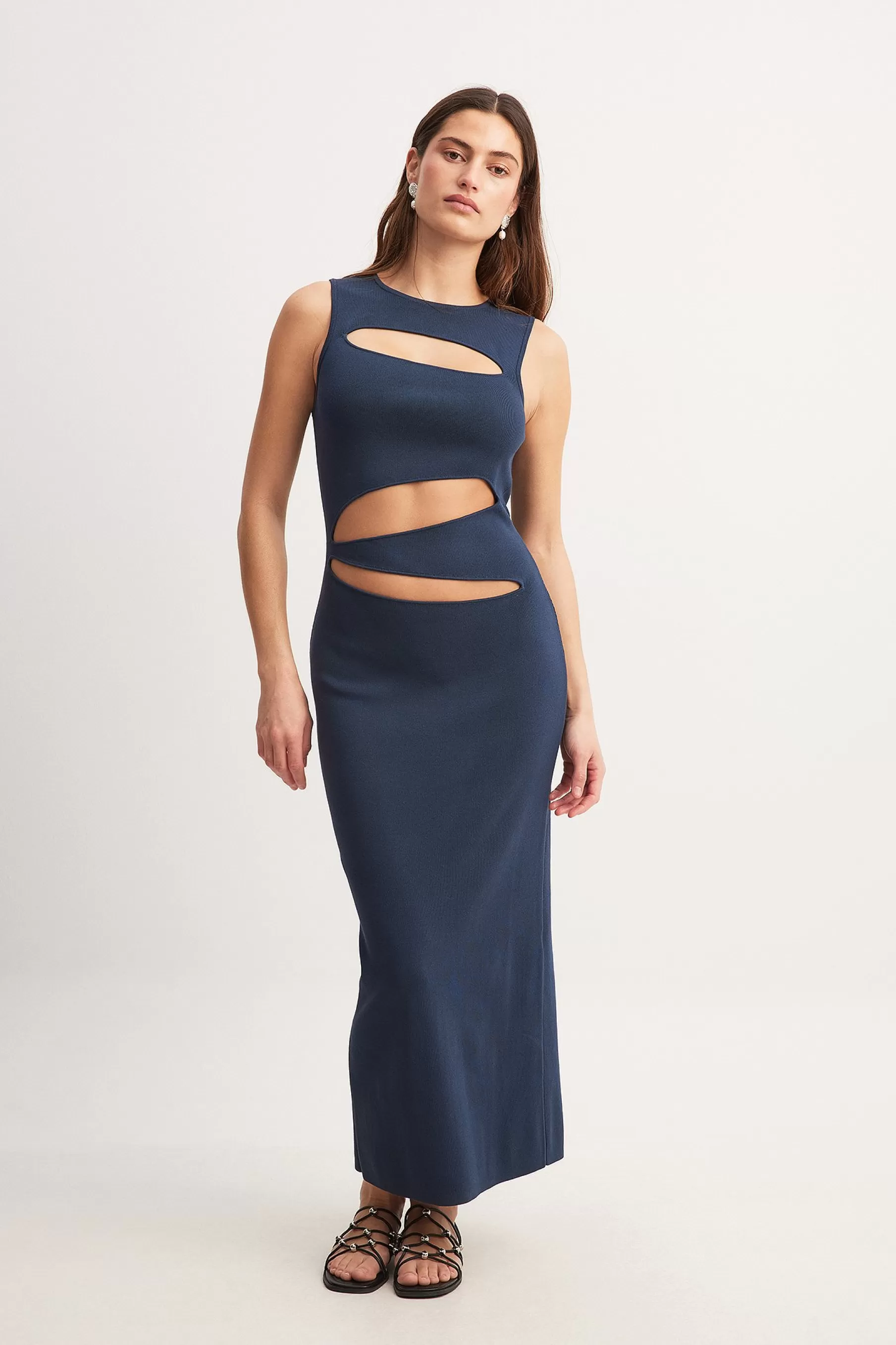 NA-KD Fine Knitted Cut Out Maxi Dress Blue