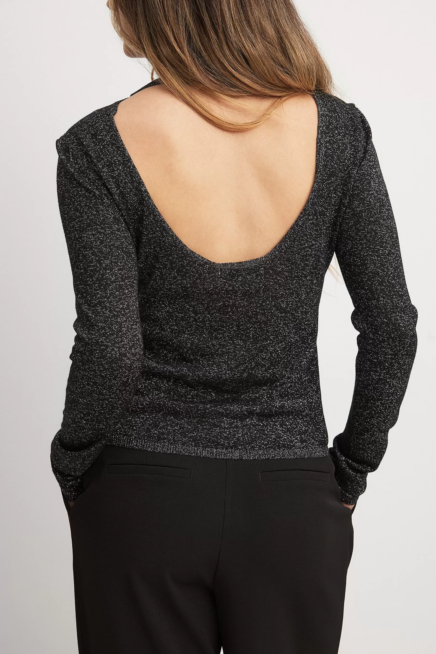 NA-KD Fine Knitted Deep Back Glitter Top Black